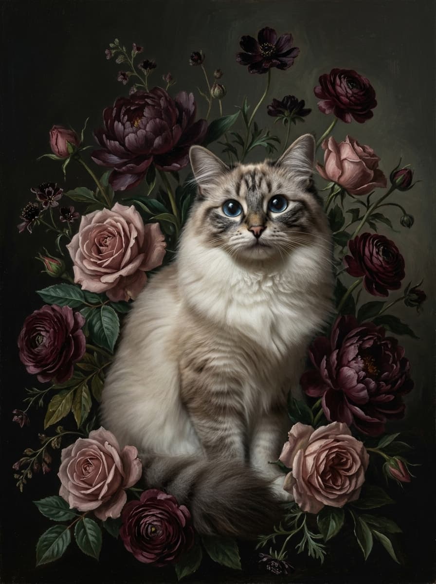 ラグドールの花の油絵風アート花柄額装プリント(A3サイズ) 4