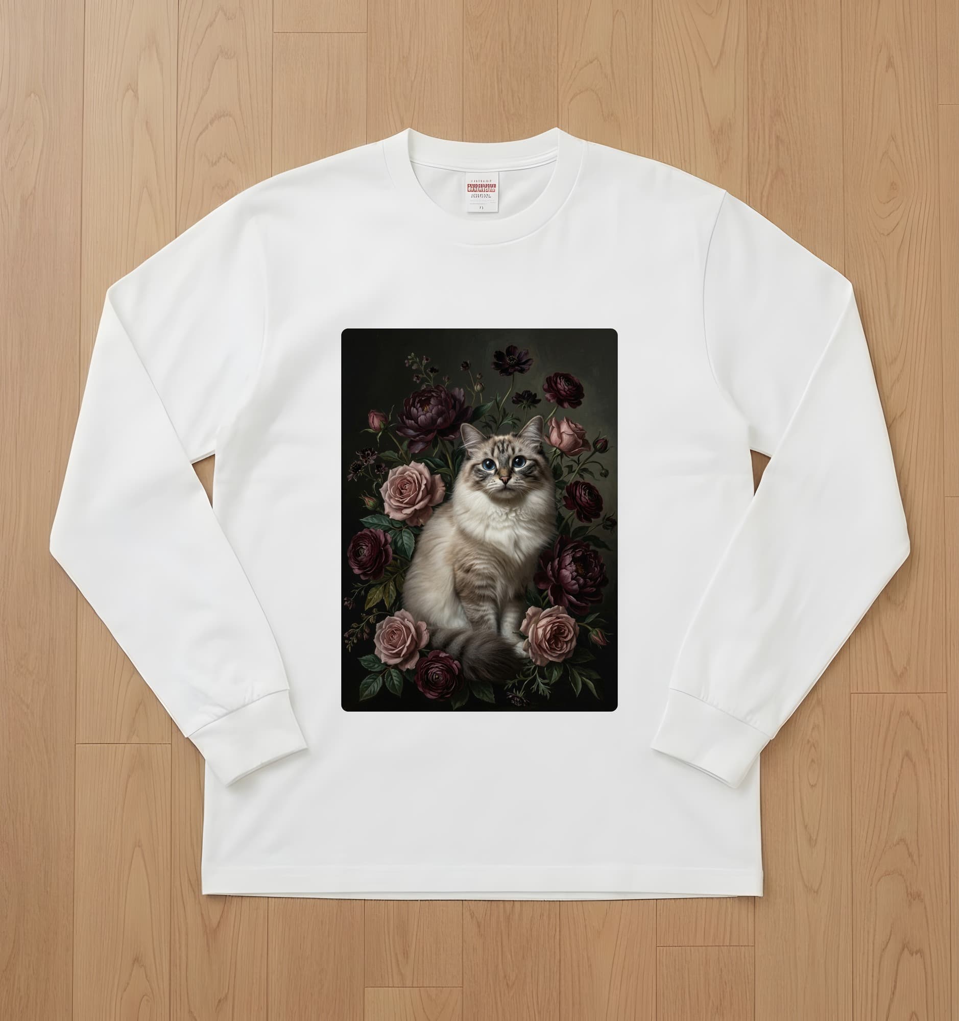 Ragdoll Floral Oil-Painting Floral Long Sleeve T-Shirt (White)