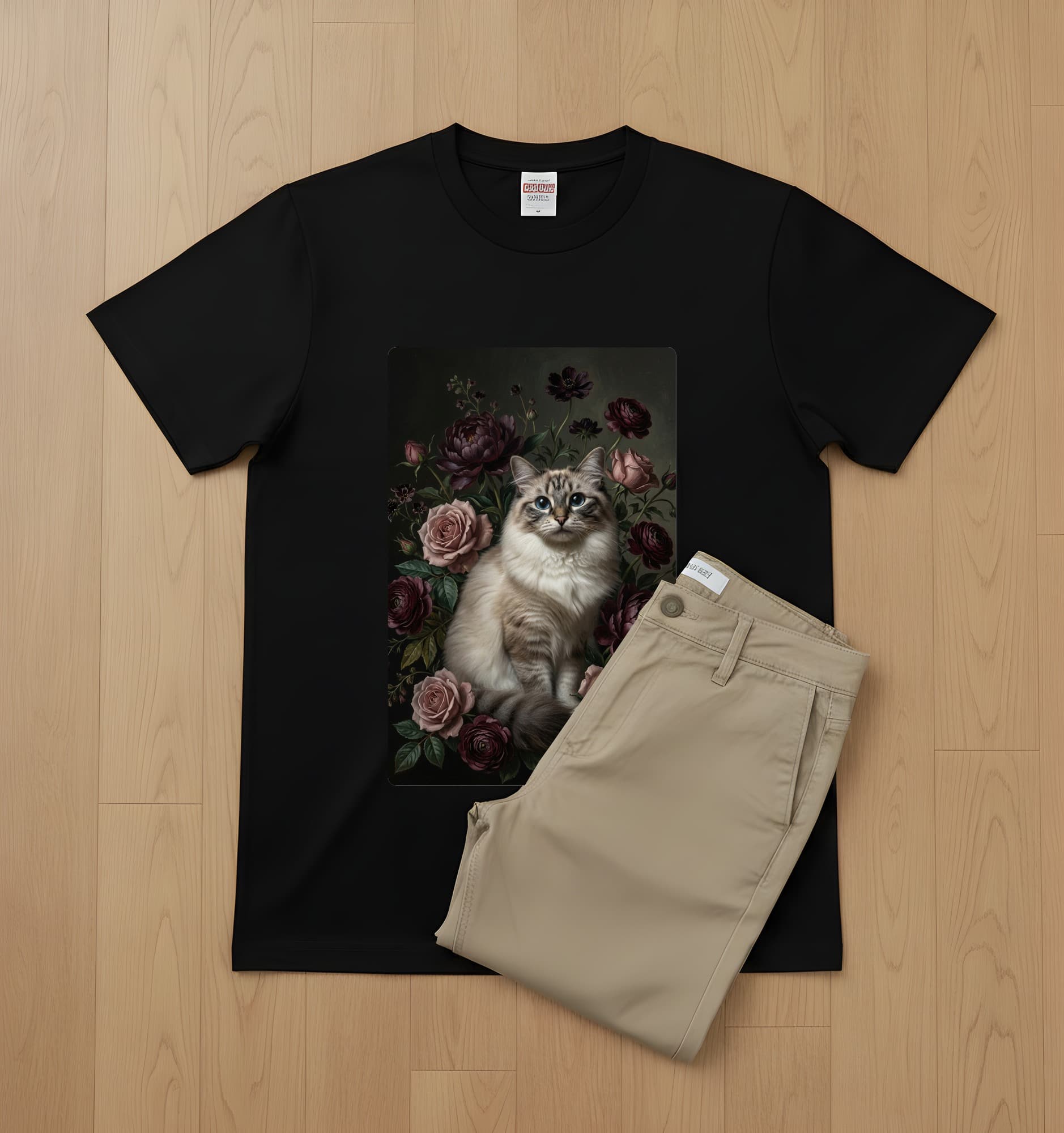 Ragdoll Floral Oil-Painting Floral T-Shirt (Black) 2