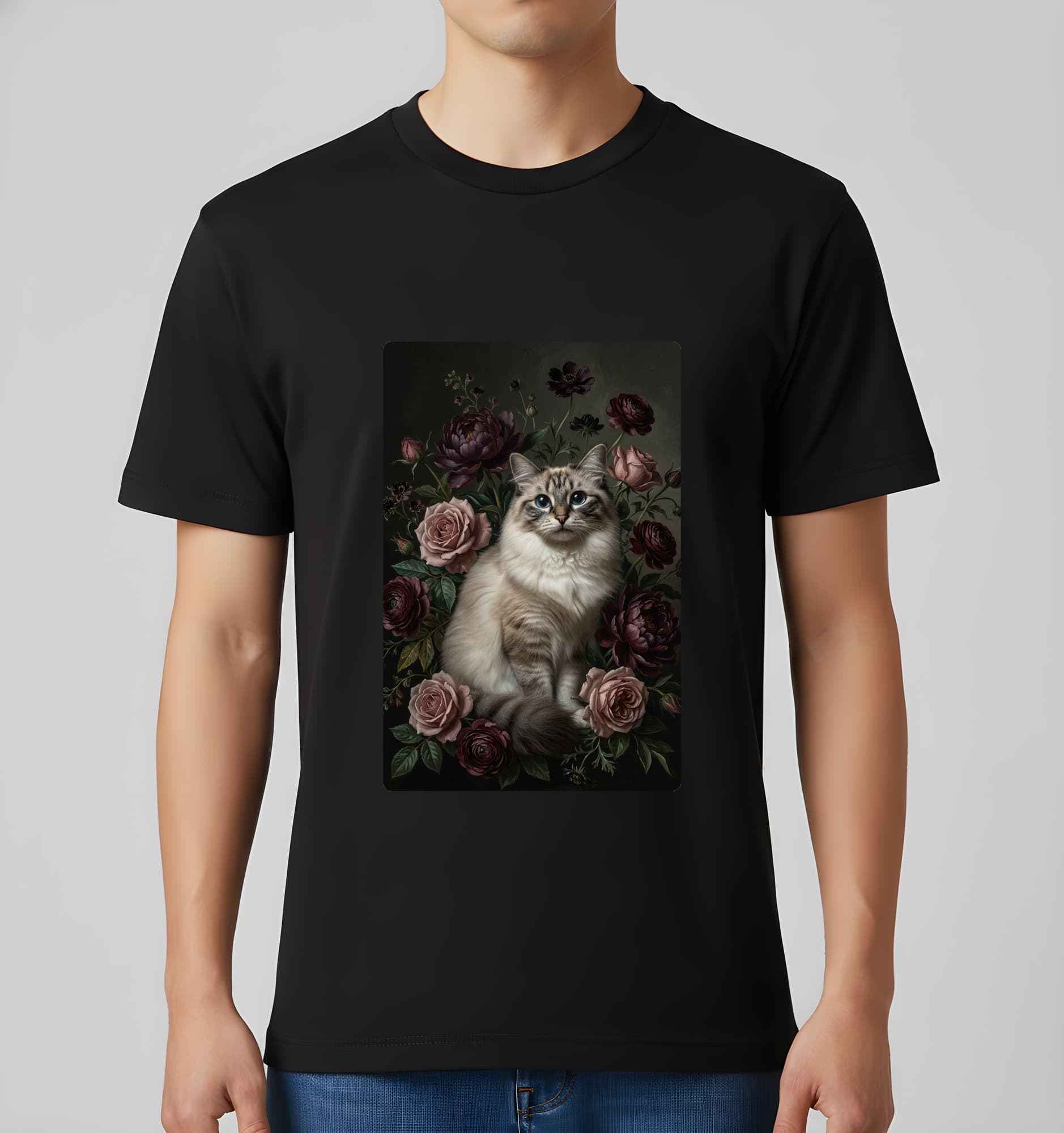 Ragdoll Floral Oil-Painting Floral T-Shirt (Black) 3