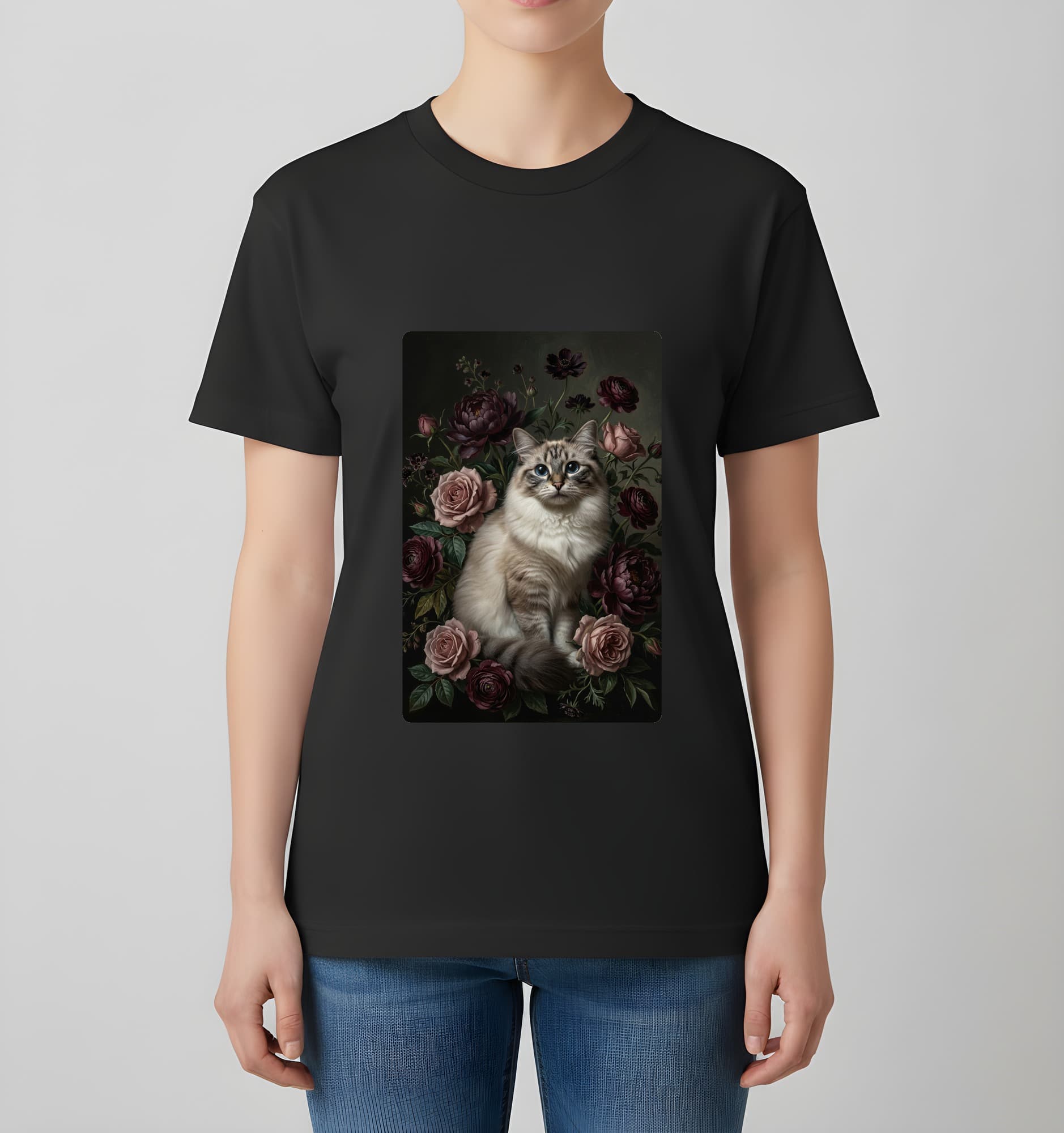 Ragdoll Floral Oil-Painting Floral T-Shirt (Black) 4