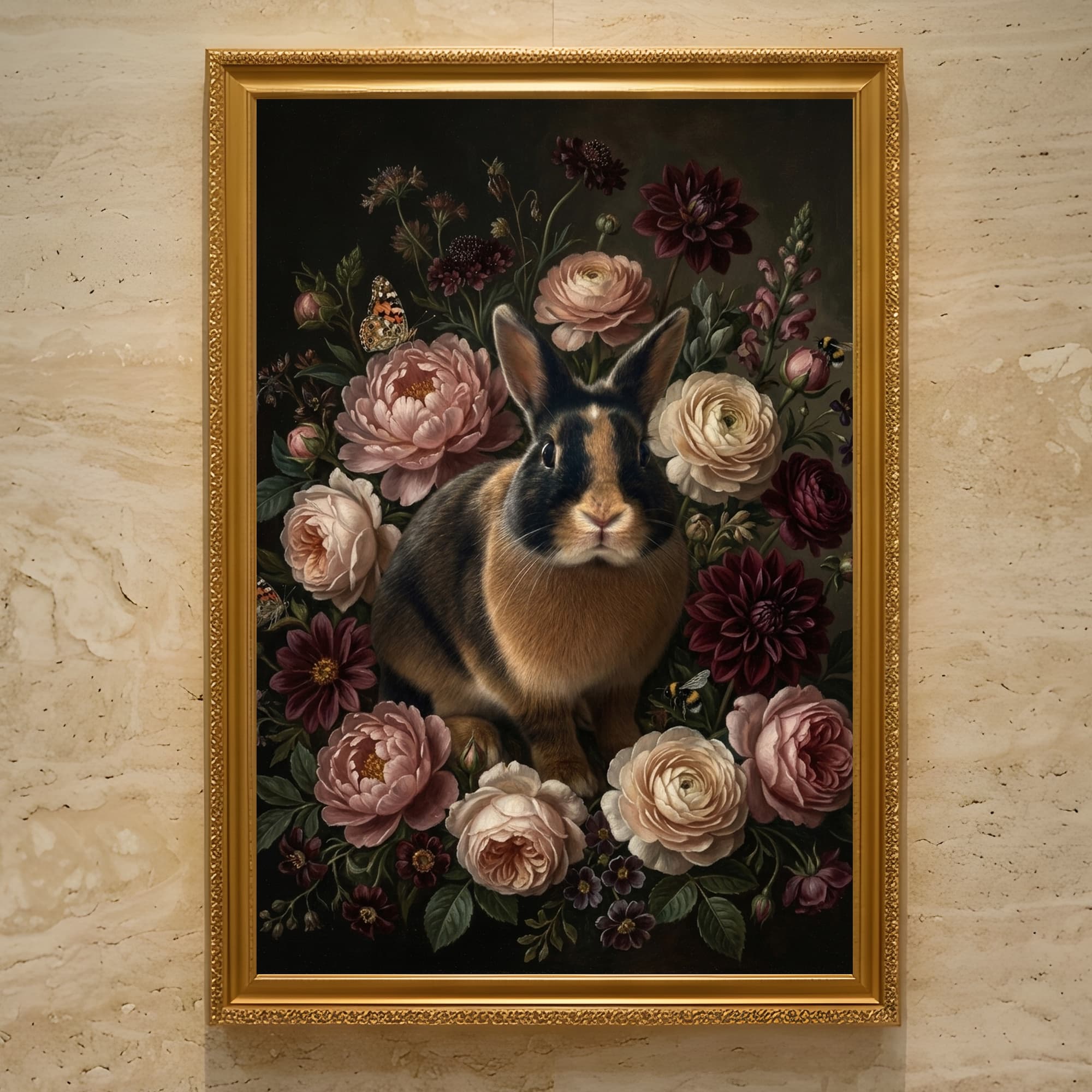 ハーレクインの花の油絵風アート花柄額装プリント(A3サイズ)