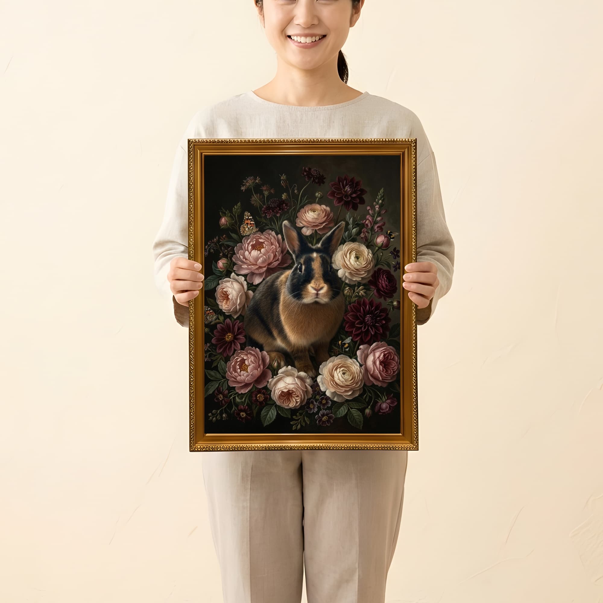 ハーレクインの花の油絵風アート花柄額装プリント(A3サイズ) 2