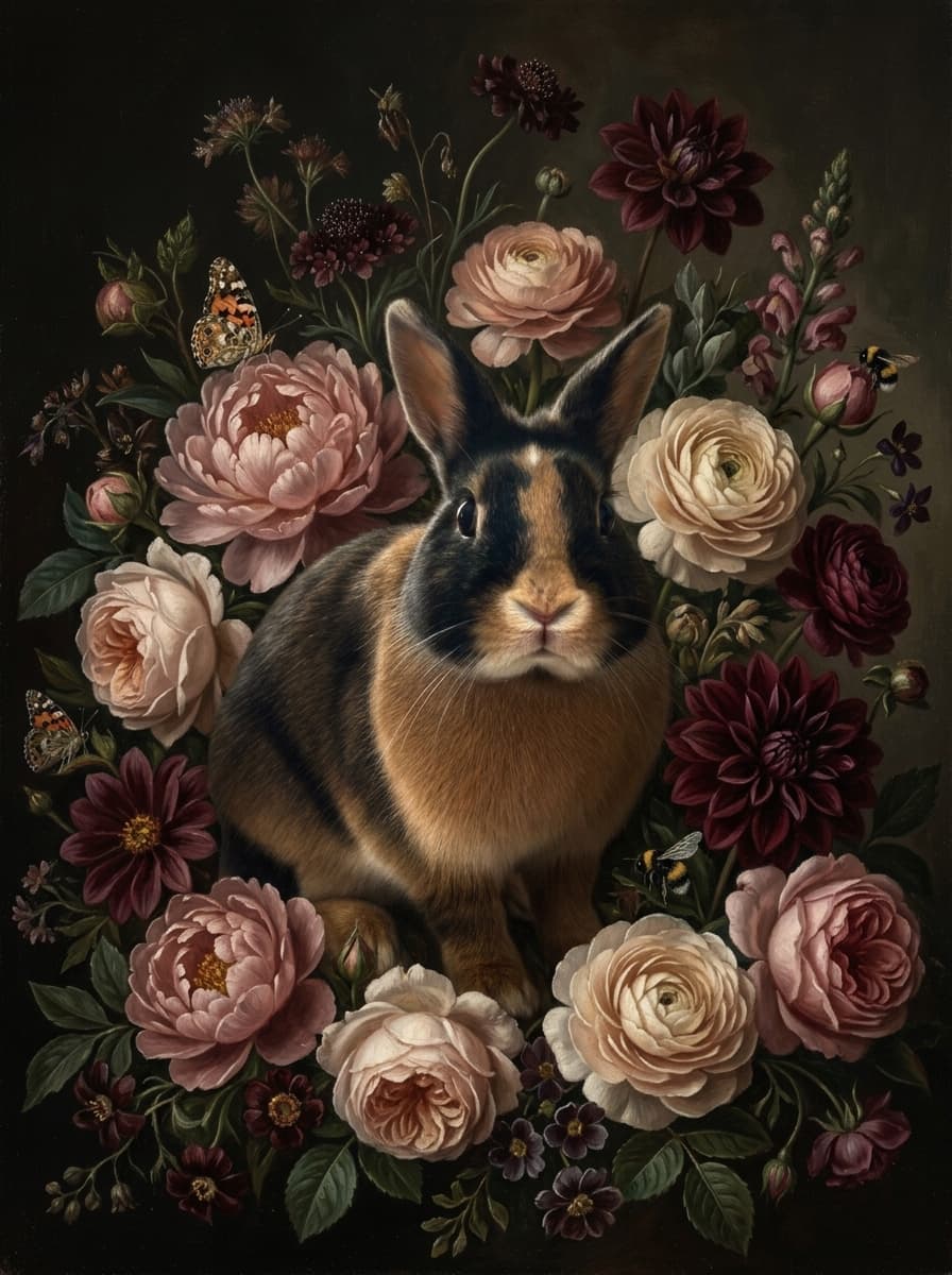 ハーレクインの花の油絵風アート花柄額装プリント(A3サイズ) 4