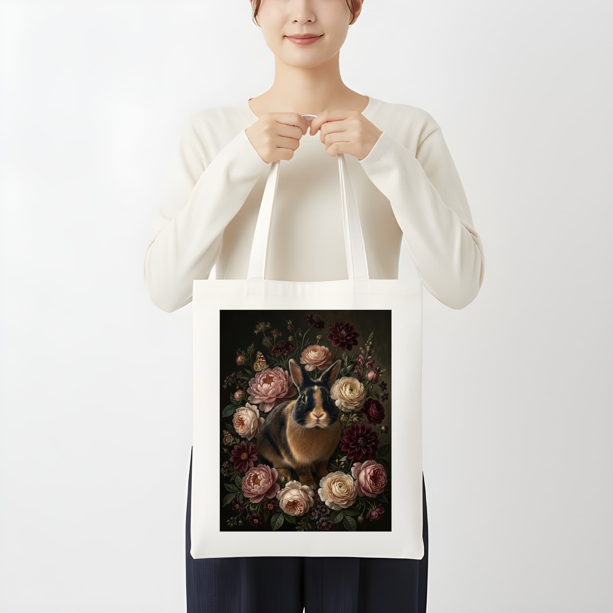 Harlequin rabbit Floral Oil-Painting Floral Tote Bag 3