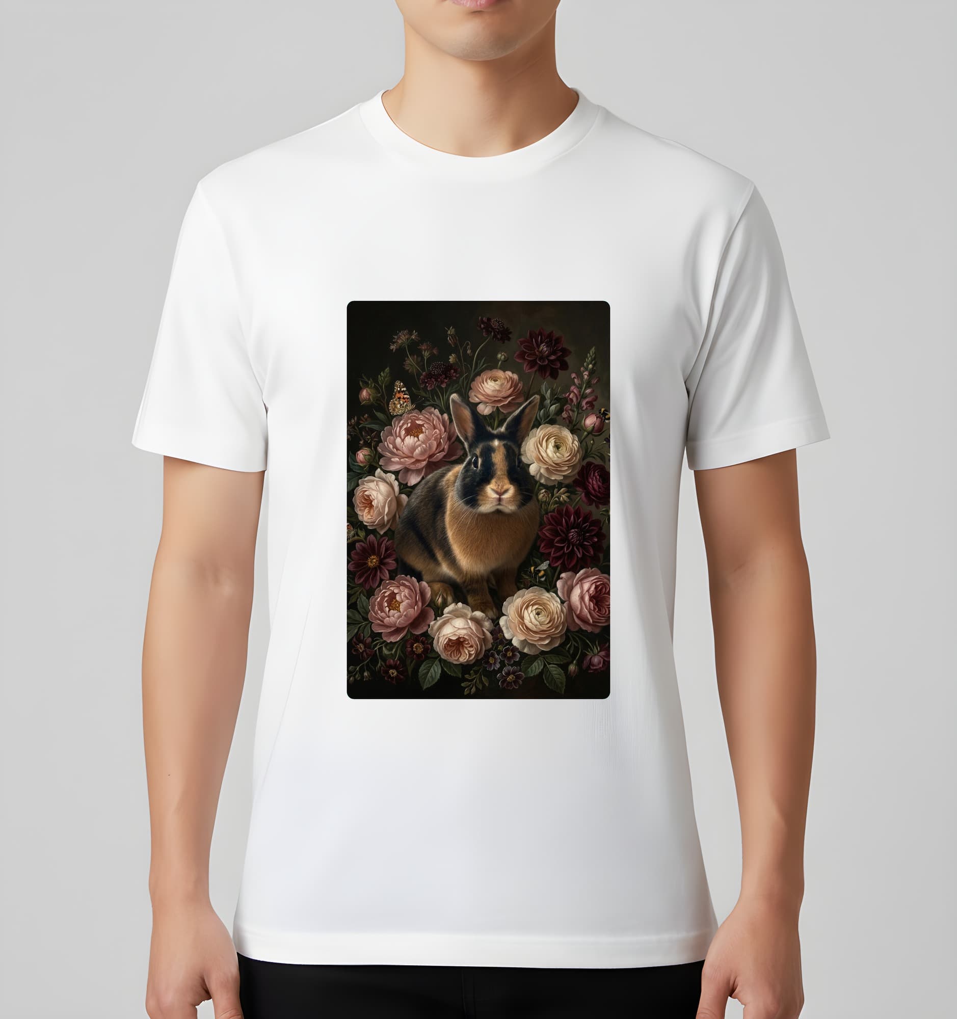 ハーレクインの花の油絵風アート花柄Tシャツ(ホワイト) 3