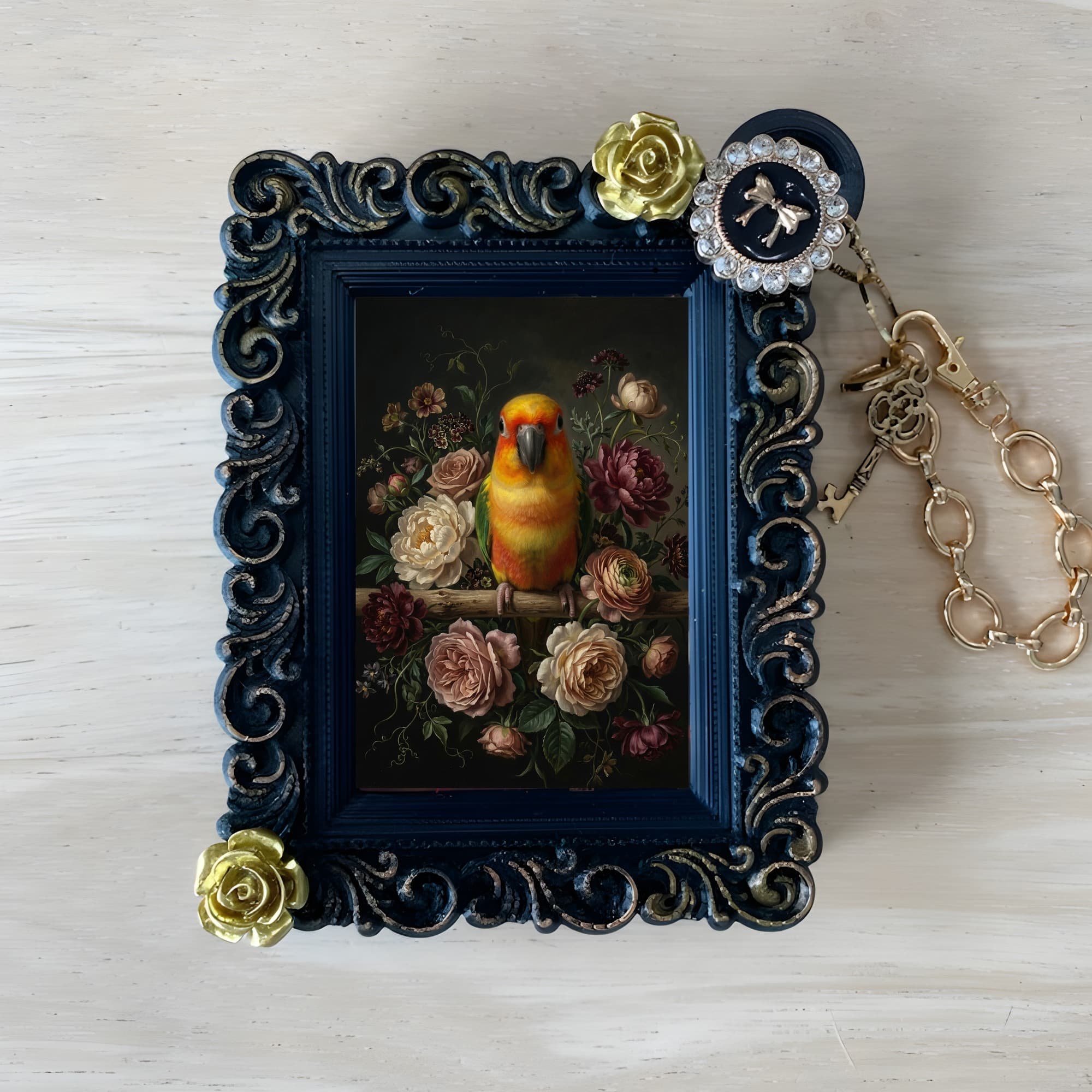ナナイロメキシコインコの花の油絵風アート花柄バッグチャーム(ブラック)