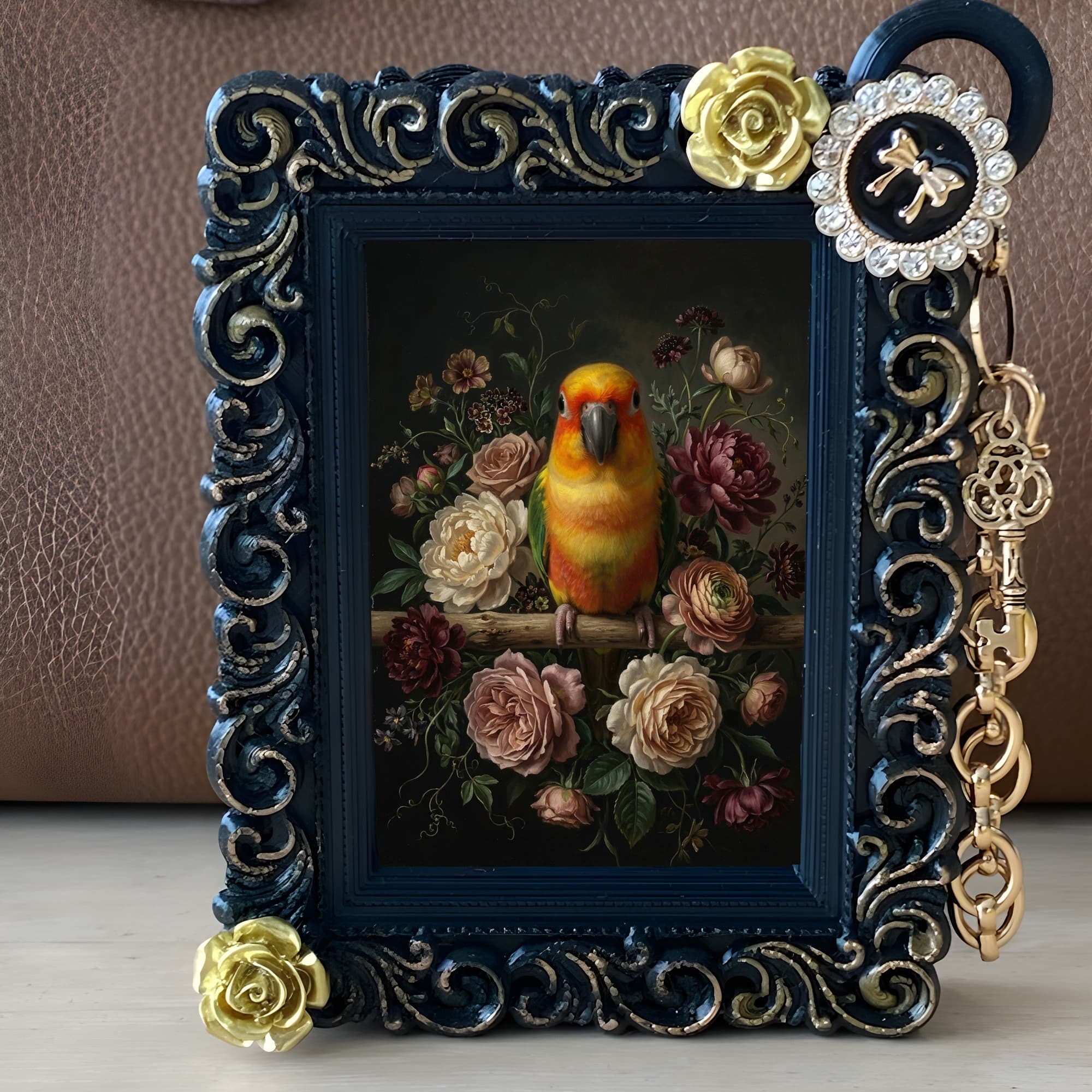 ナナイロメキシコインコの花の油絵風アート花柄バッグチャーム(ブラック) 2