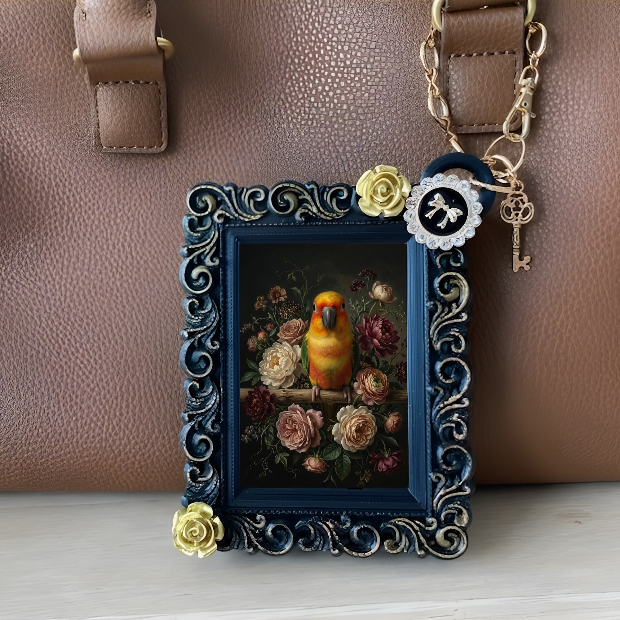 ナナイロメキシコインコの花の油絵風アート花柄バッグチャーム(ブラック) 3