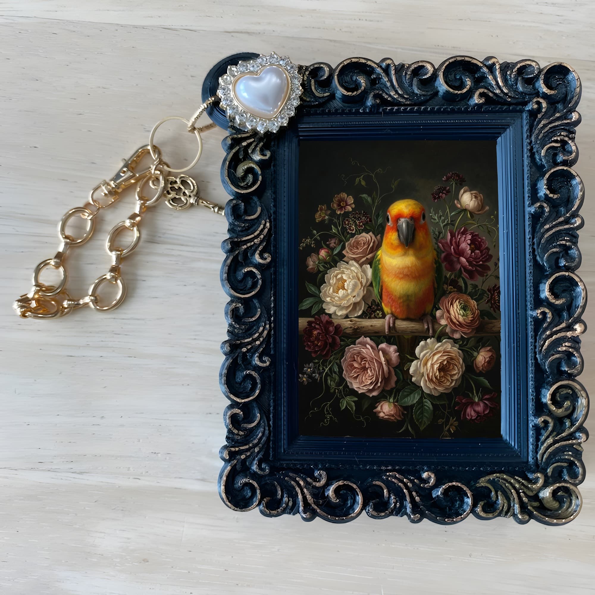 ナナイロメキシコインコの花の油絵風アート花柄バッグチャーム(ブラック) 4