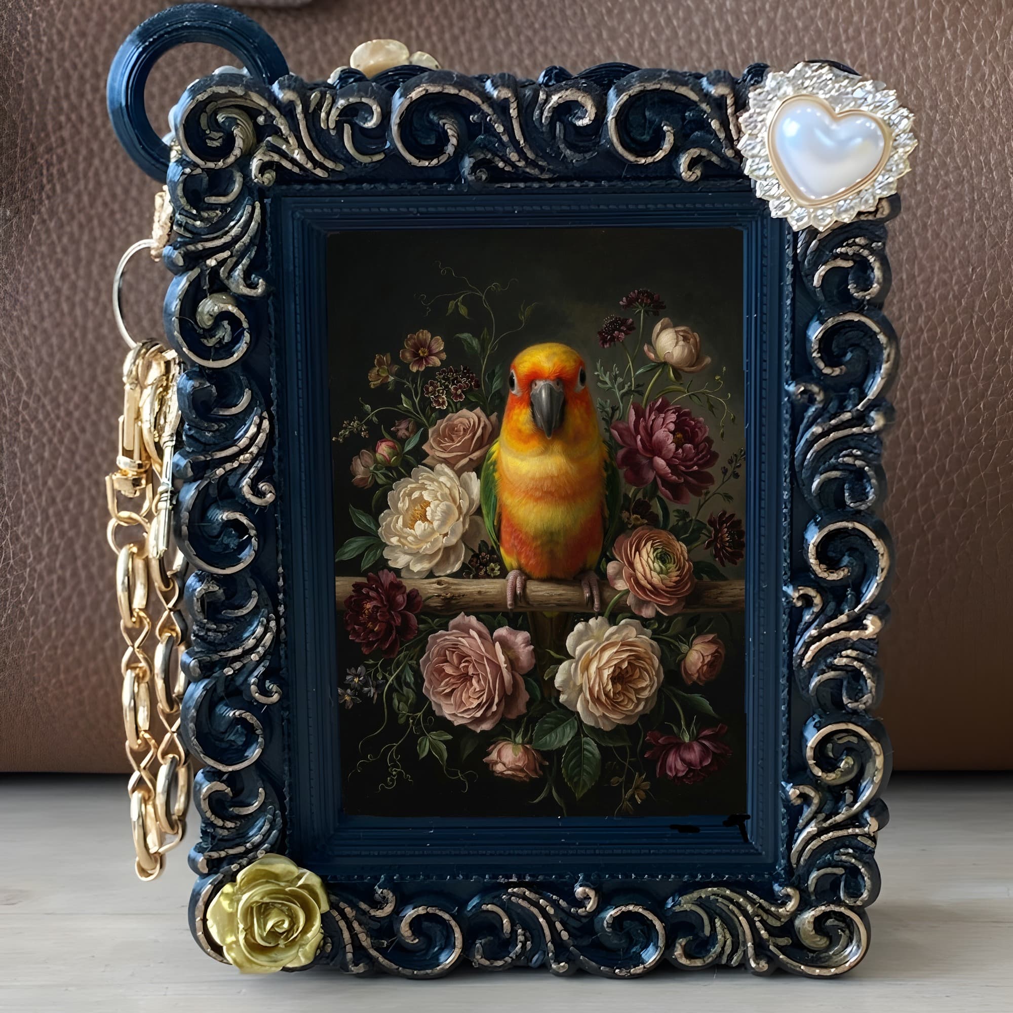 ナナイロメキシコインコの花の油絵風アート花柄バッグチャーム(ブラック) 5