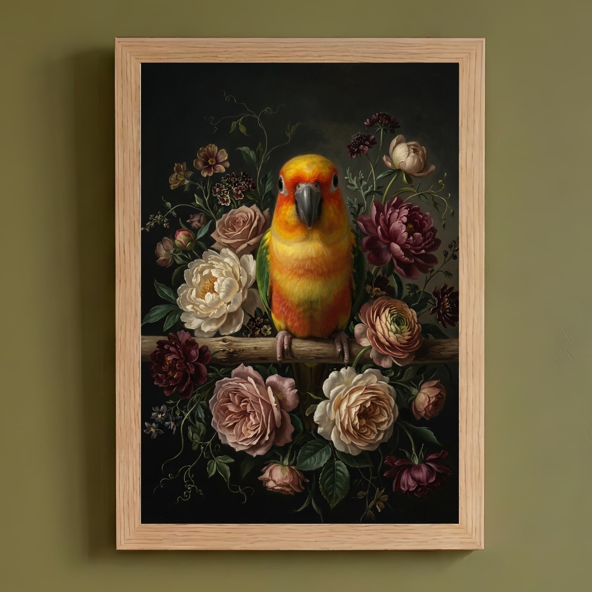 ナナイロメキシコインコの花の油絵風アート花柄額装プリント(A4サイズ)