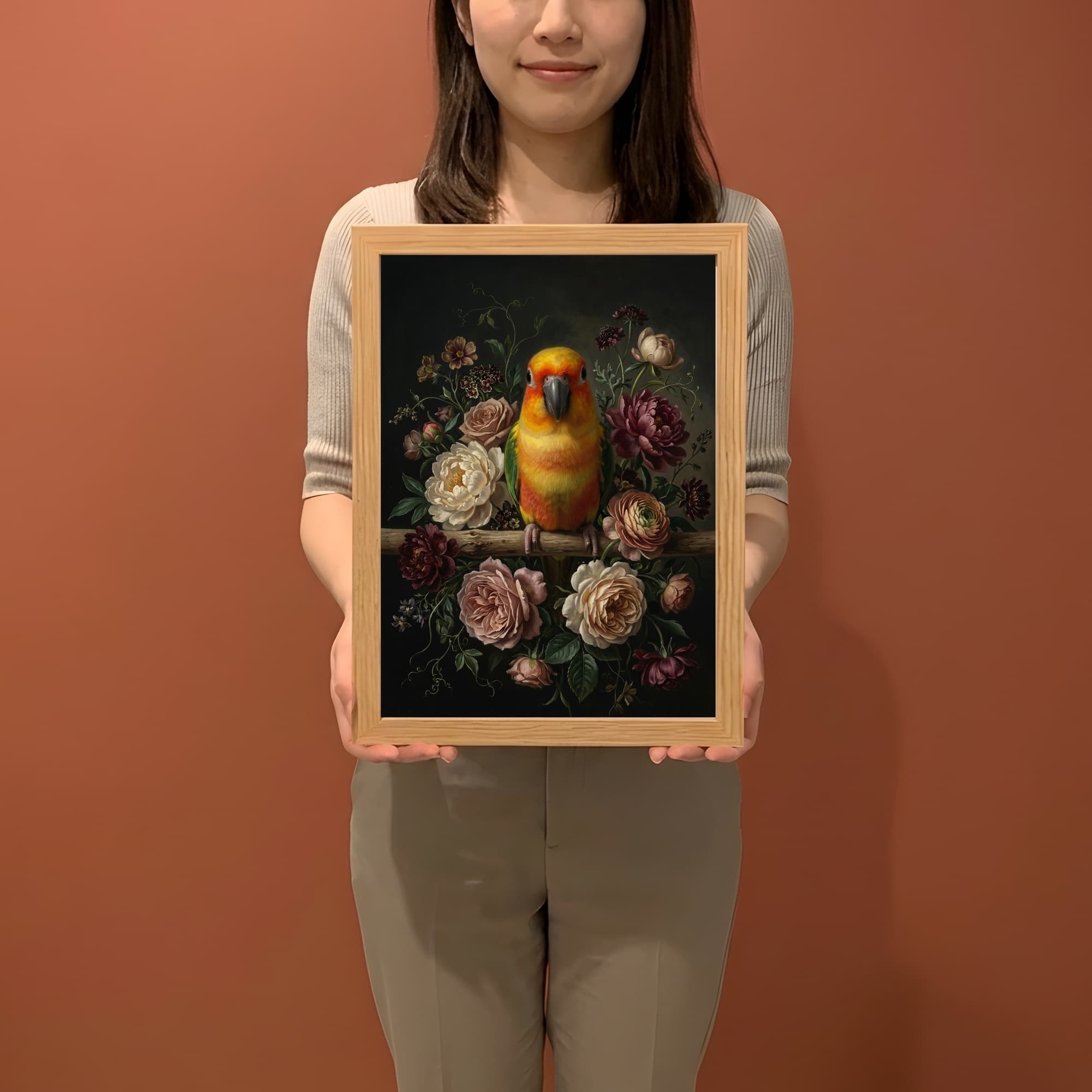 ナナイロメキシコインコの花の油絵風アート花柄額装プリント(A4サイズ) 2