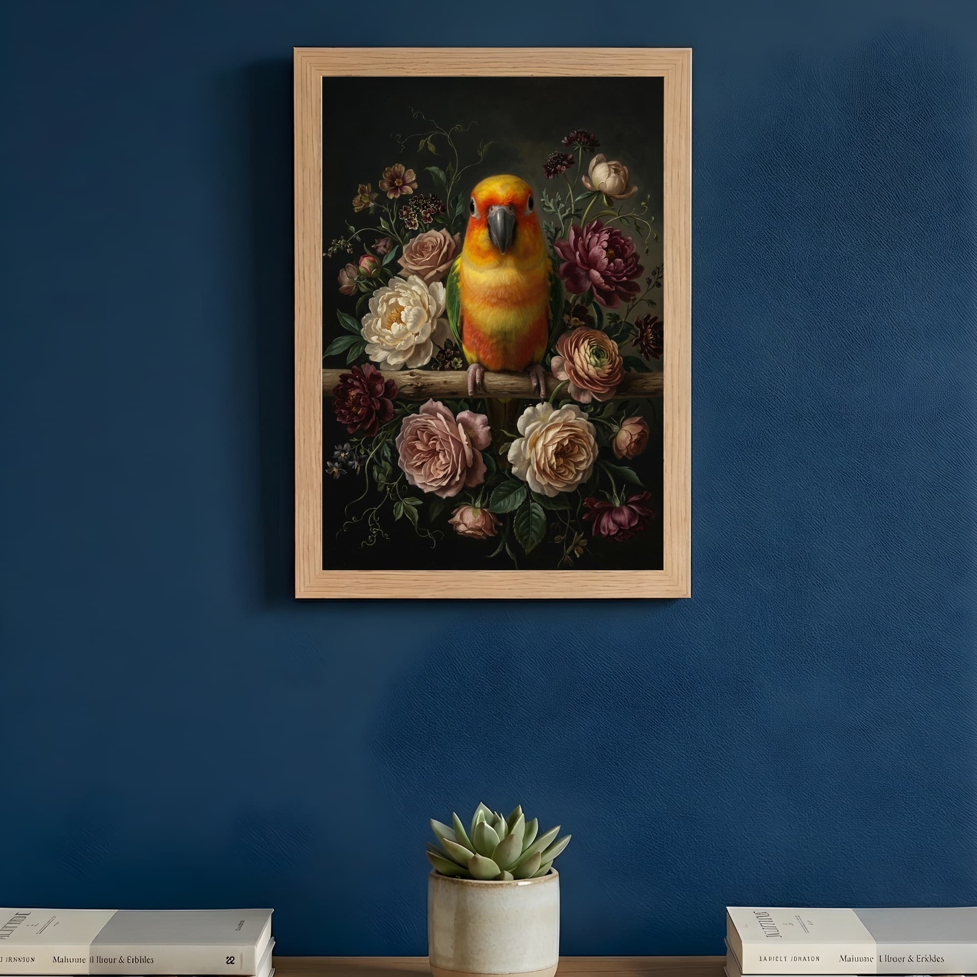 ナナイロメキシコインコの花の油絵風アート花柄額装プリント(A4サイズ) 3