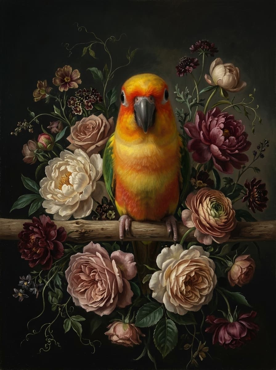 ナナイロメキシコインコの花の油絵風アート花柄額装プリント(A4サイズ) 4