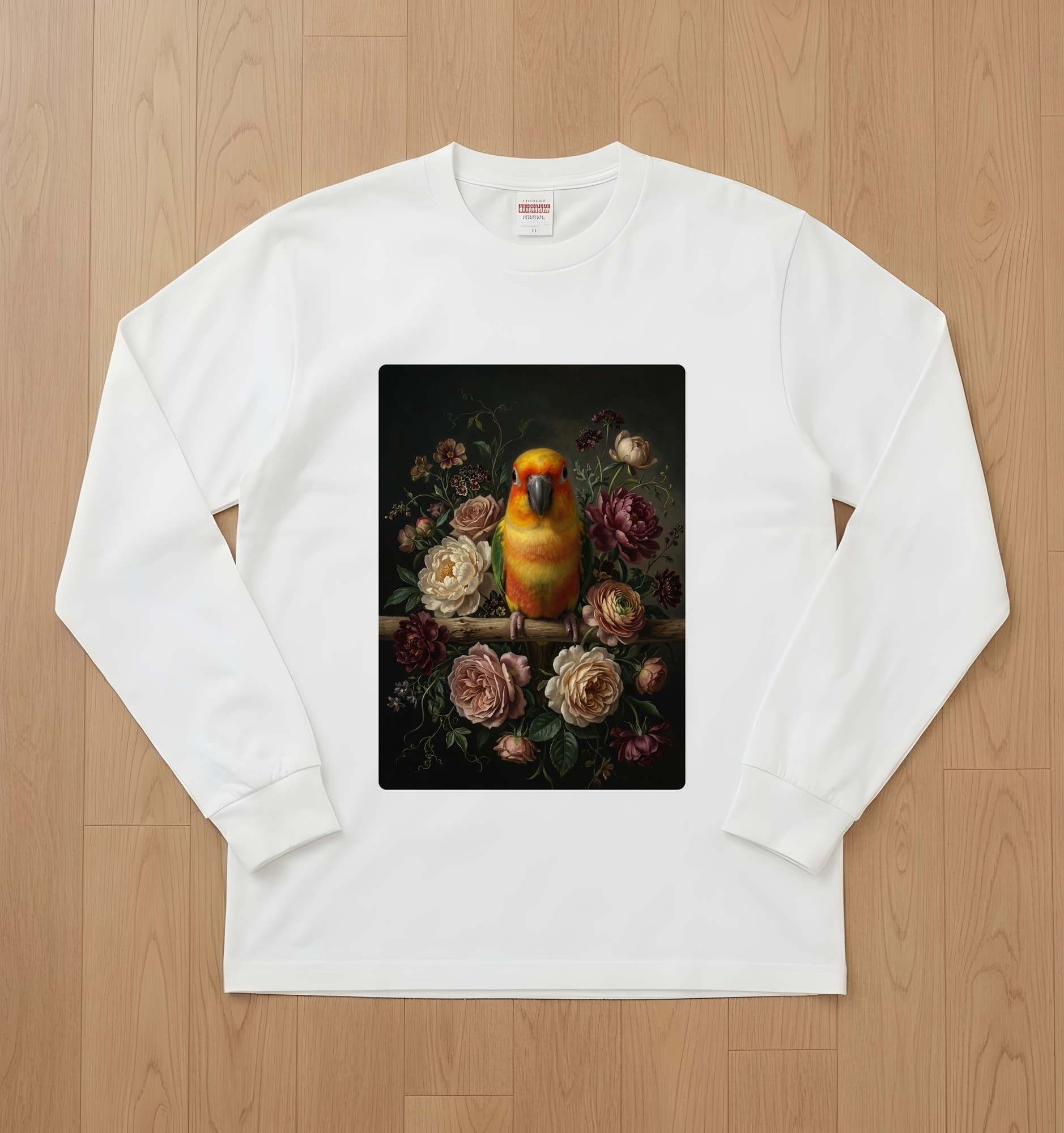 ナナイロメキシコインコの花の油絵風アート花柄長袖Tシャツ(ホワイト)