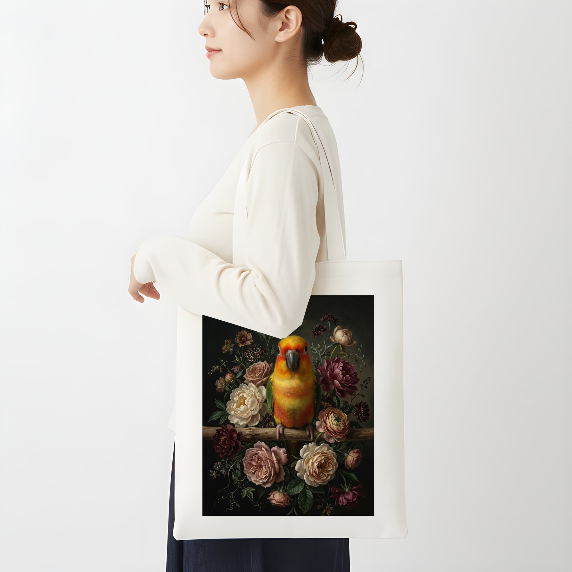 ナナイロメキシコインコの花の油絵風アート花柄トートバッグ 2