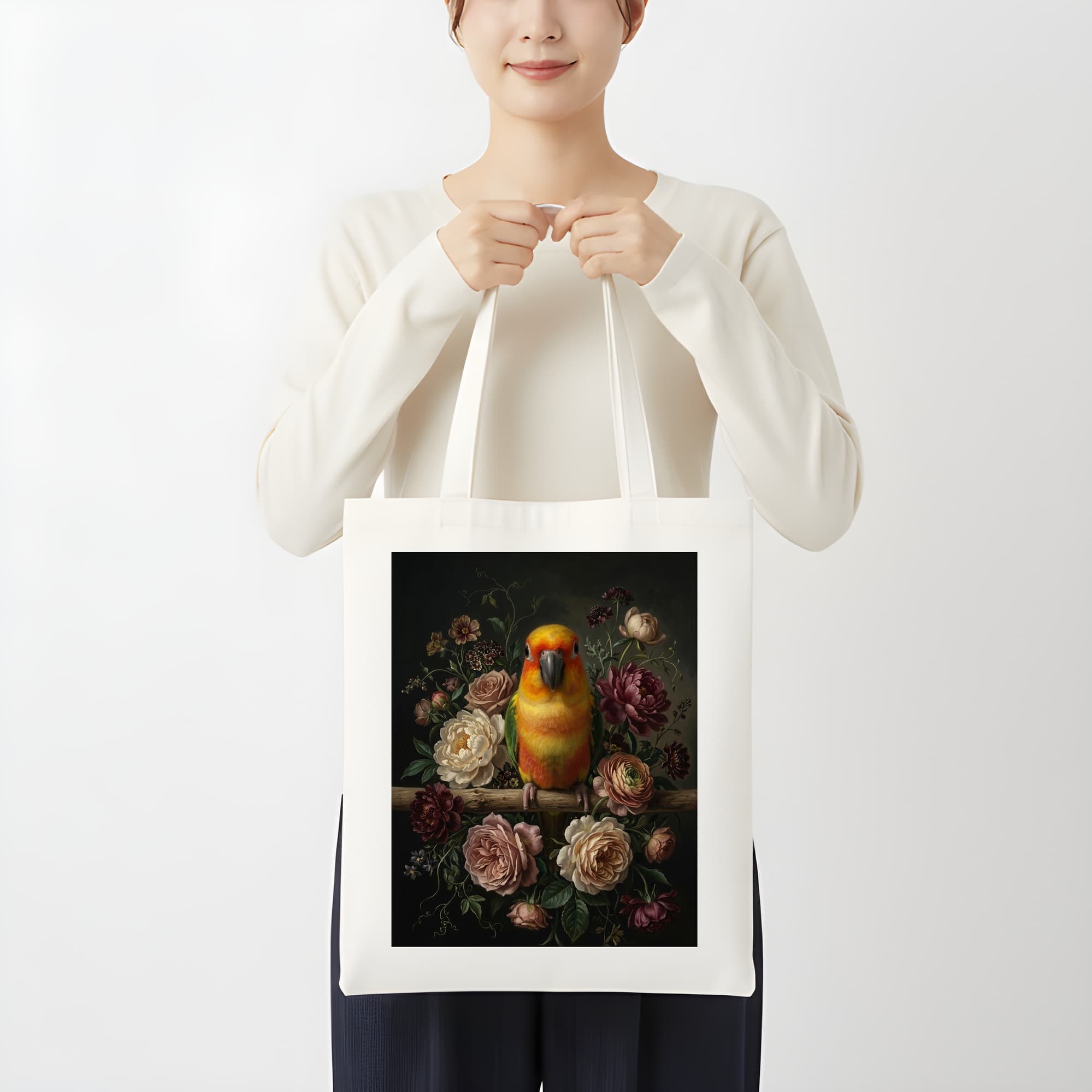 ナナイロメキシコインコの花の油絵風アート花柄トートバッグ 3