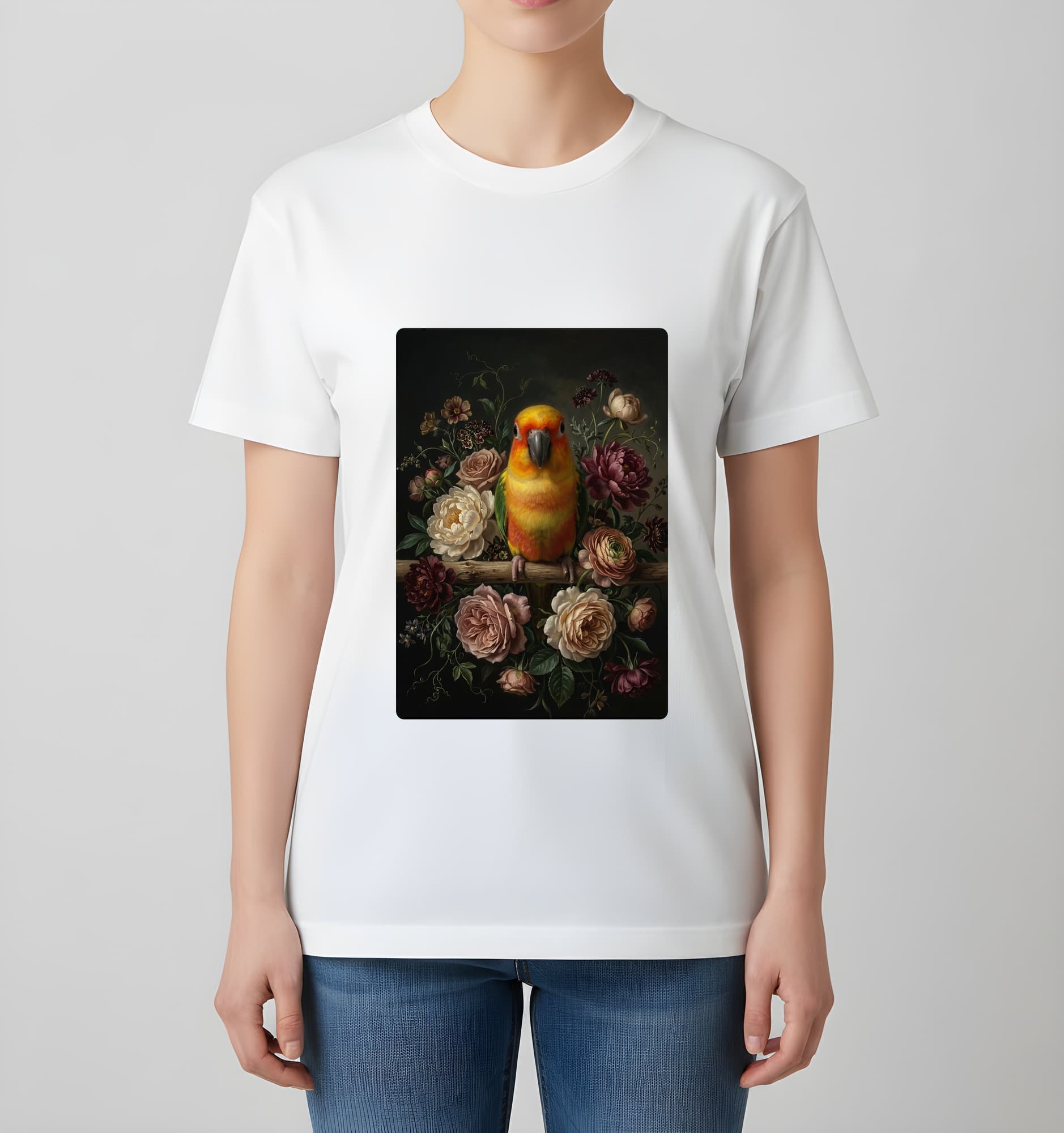 ナナイロメキシコインコの花の油絵風アート花柄Tシャツ(ホワイト) 4