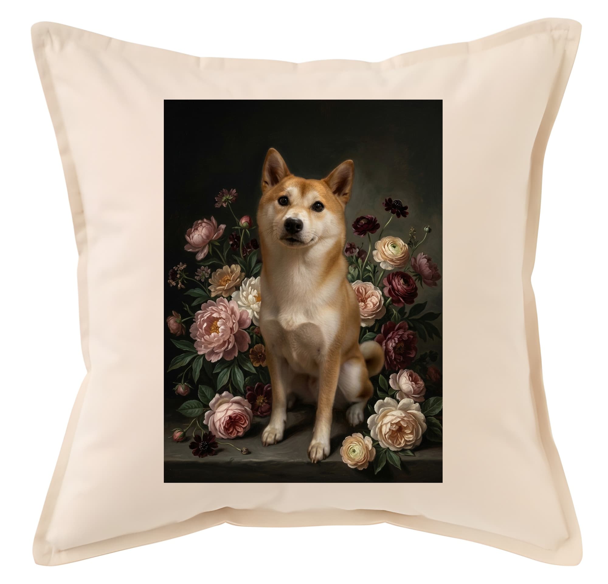 柴犬の花の油絵風アート花柄クッション