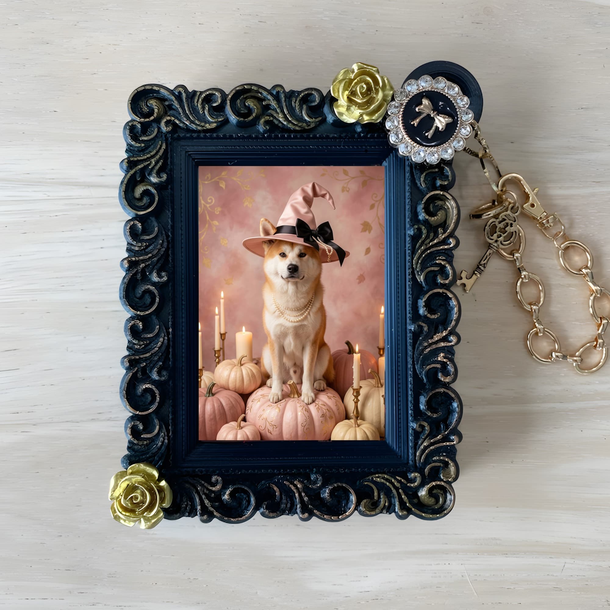 Akita Inu Pumpkin & Candlelight Oil-Painting Halloween Bag Charm (Black)