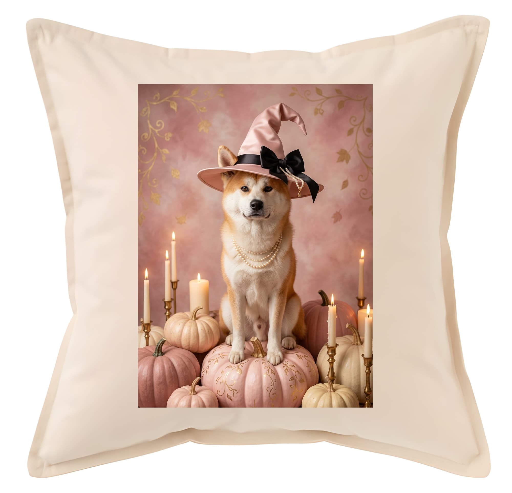 秋田犬のかぼちゃとキャンドルの油絵風アートハロウィンクッション