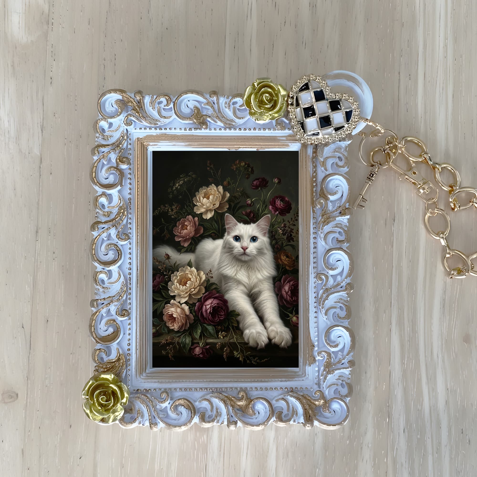 Turkish Angora Floral Oil-Painting Floral Bag Charm (White)