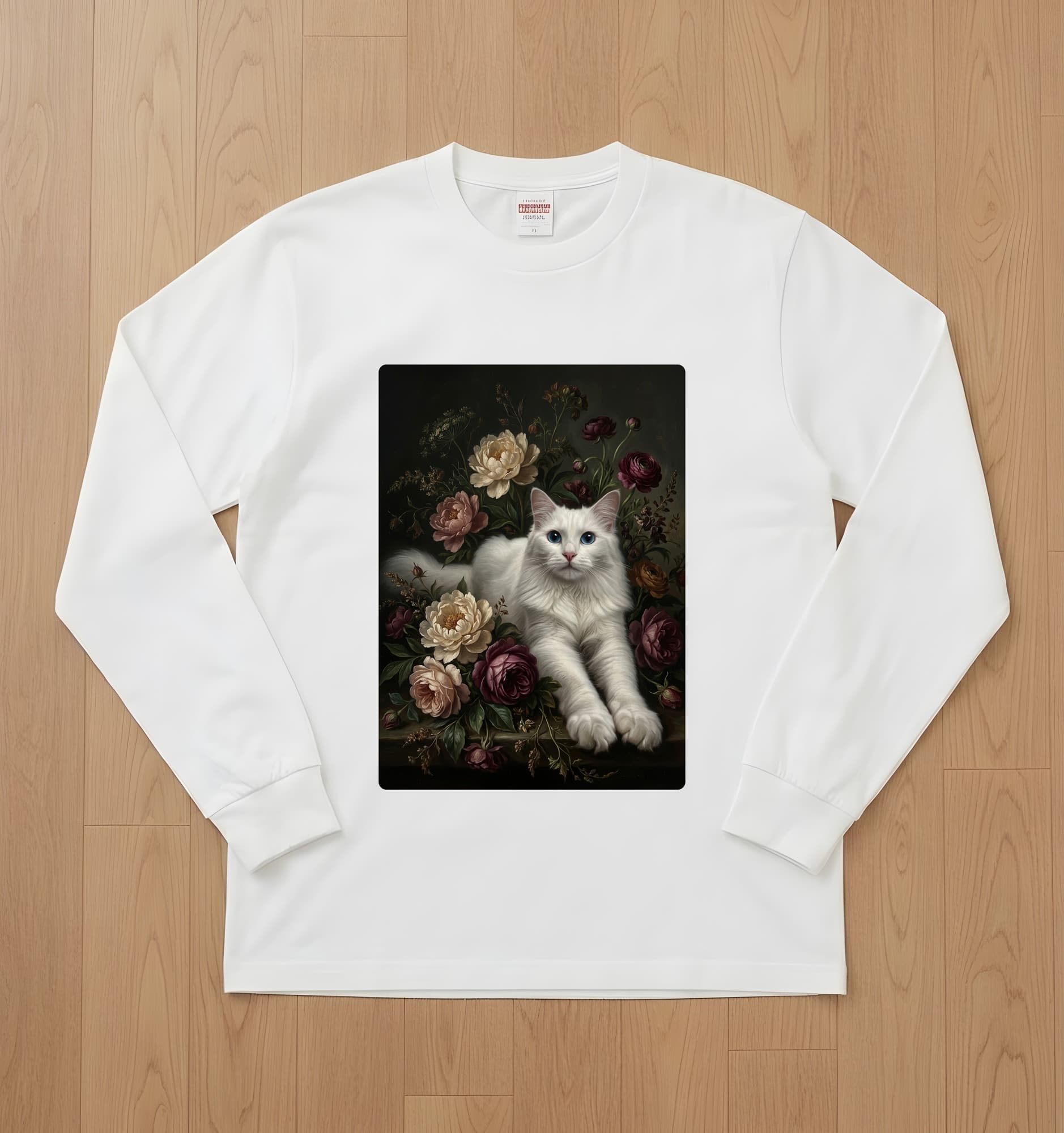 ターキッシュアンゴラの花の油絵風アート花柄長袖Tシャツ(ホワイト)