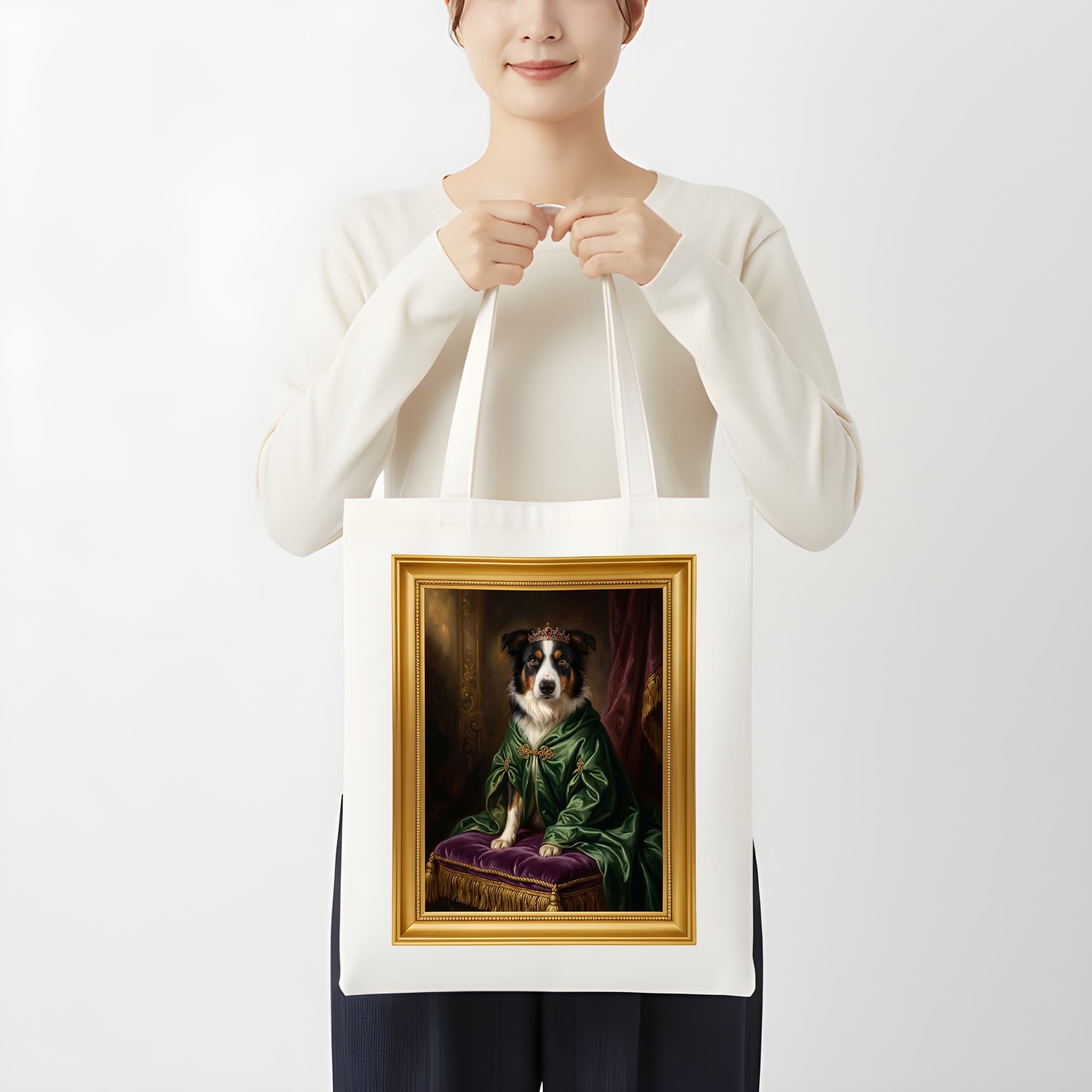 ボーダーコリーのルネサンス肖像画トートバッグ(カラープリント・額縁デザインあり) 3