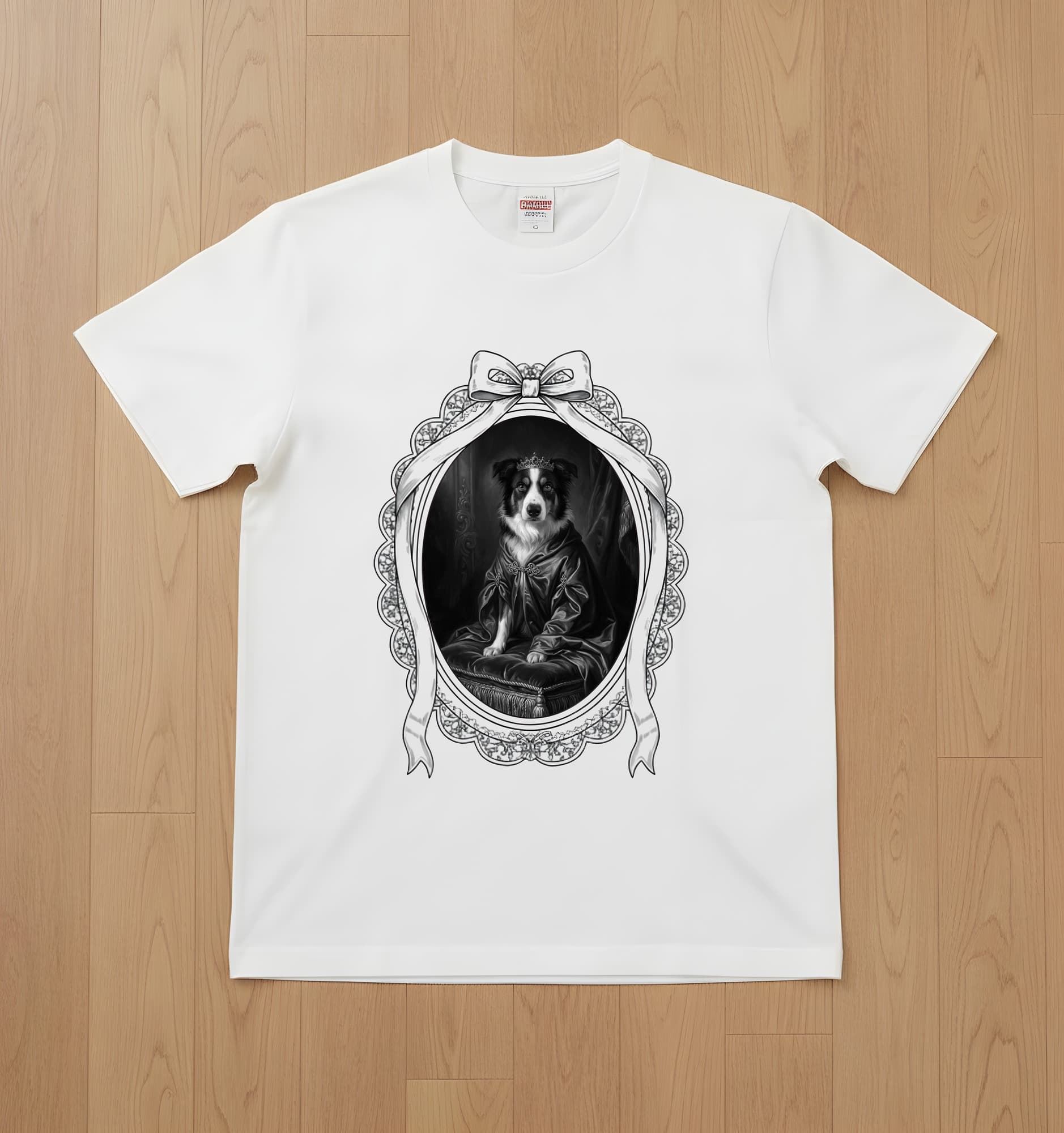 border collie Renaissance Portrait T-Shirt (White, Monochrome Print, Framed Design)