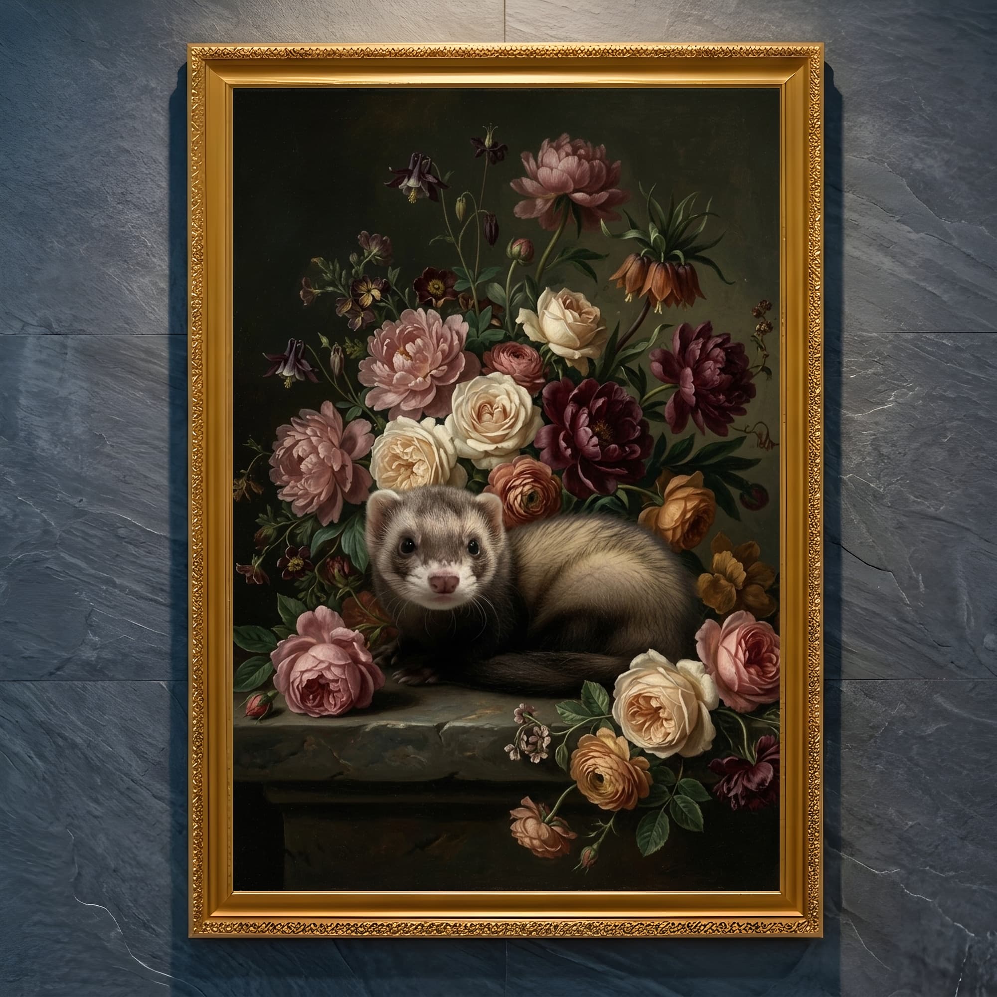 Silver Marten Floral Oil-Painting Floral Framed Art Print (A4 Gold)