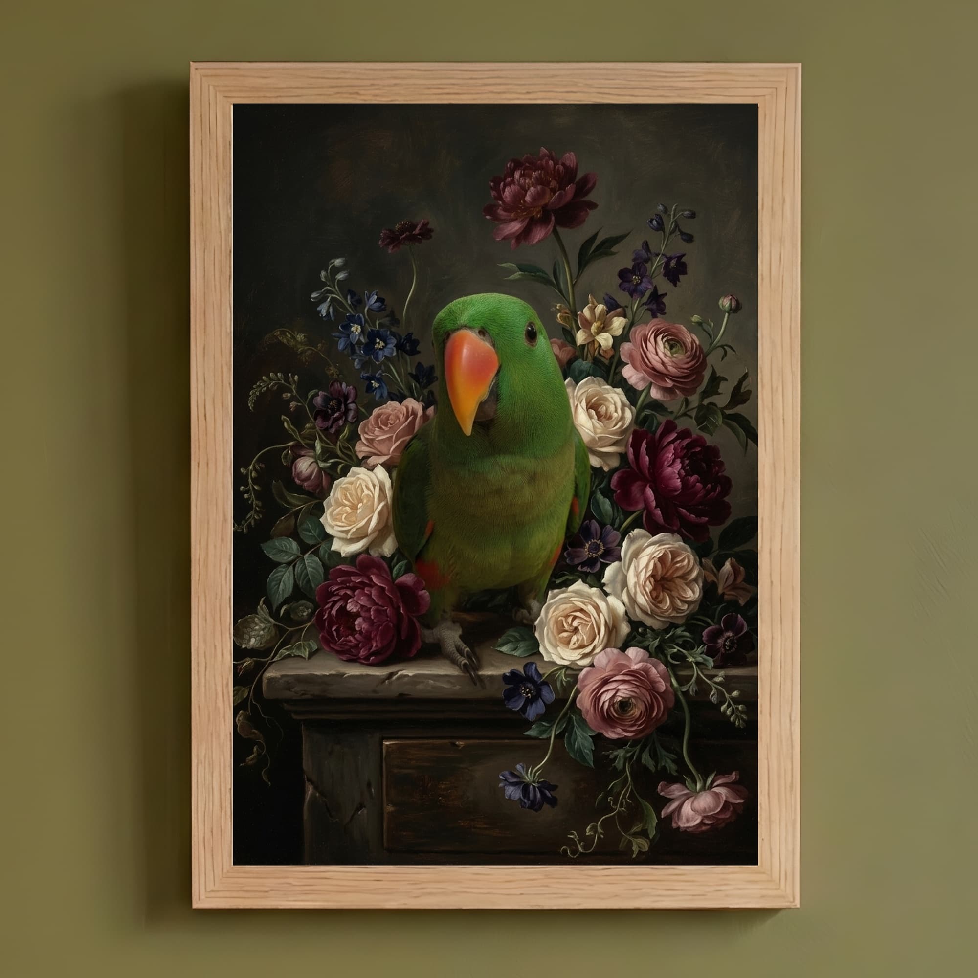 オオハナインコの花の油絵風アート花柄額装プリント(A4サイズ)