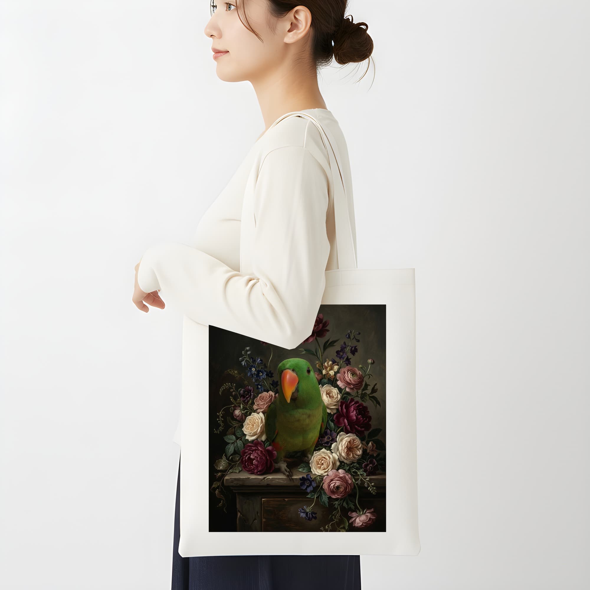 オオハナインコの花の油絵風アート花柄トートバッグ 2