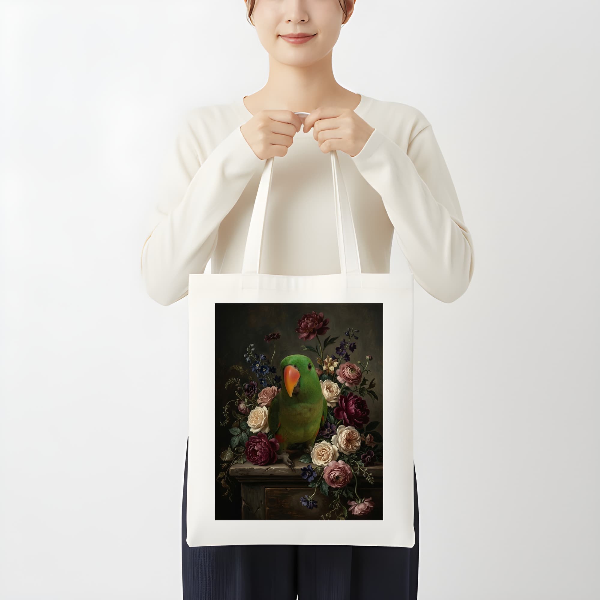 オオハナインコの花の油絵風アート花柄トートバッグ 3