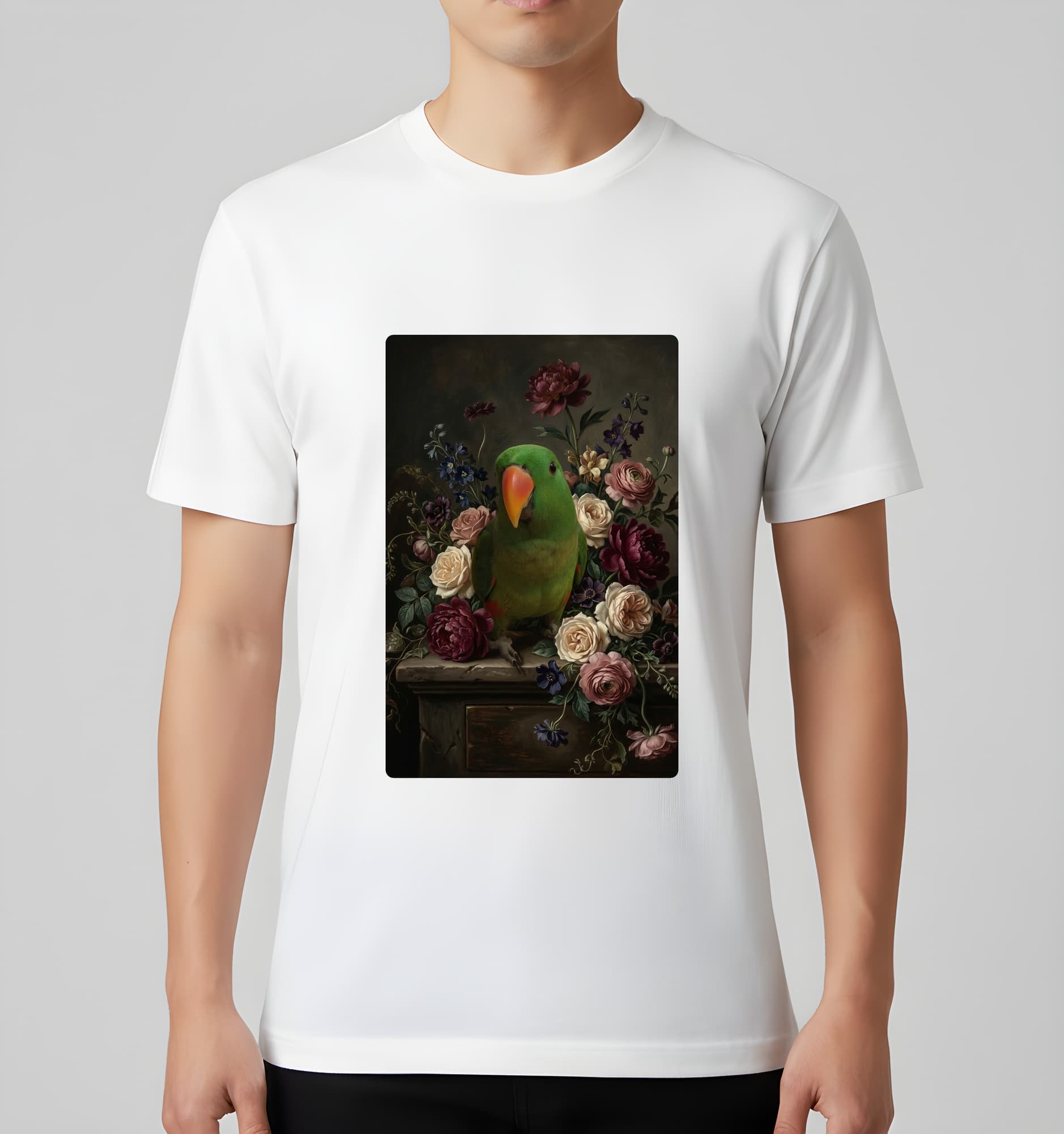 Eclectus Parrot Floral Oil-Painting Floral T-Shirt (White) 3