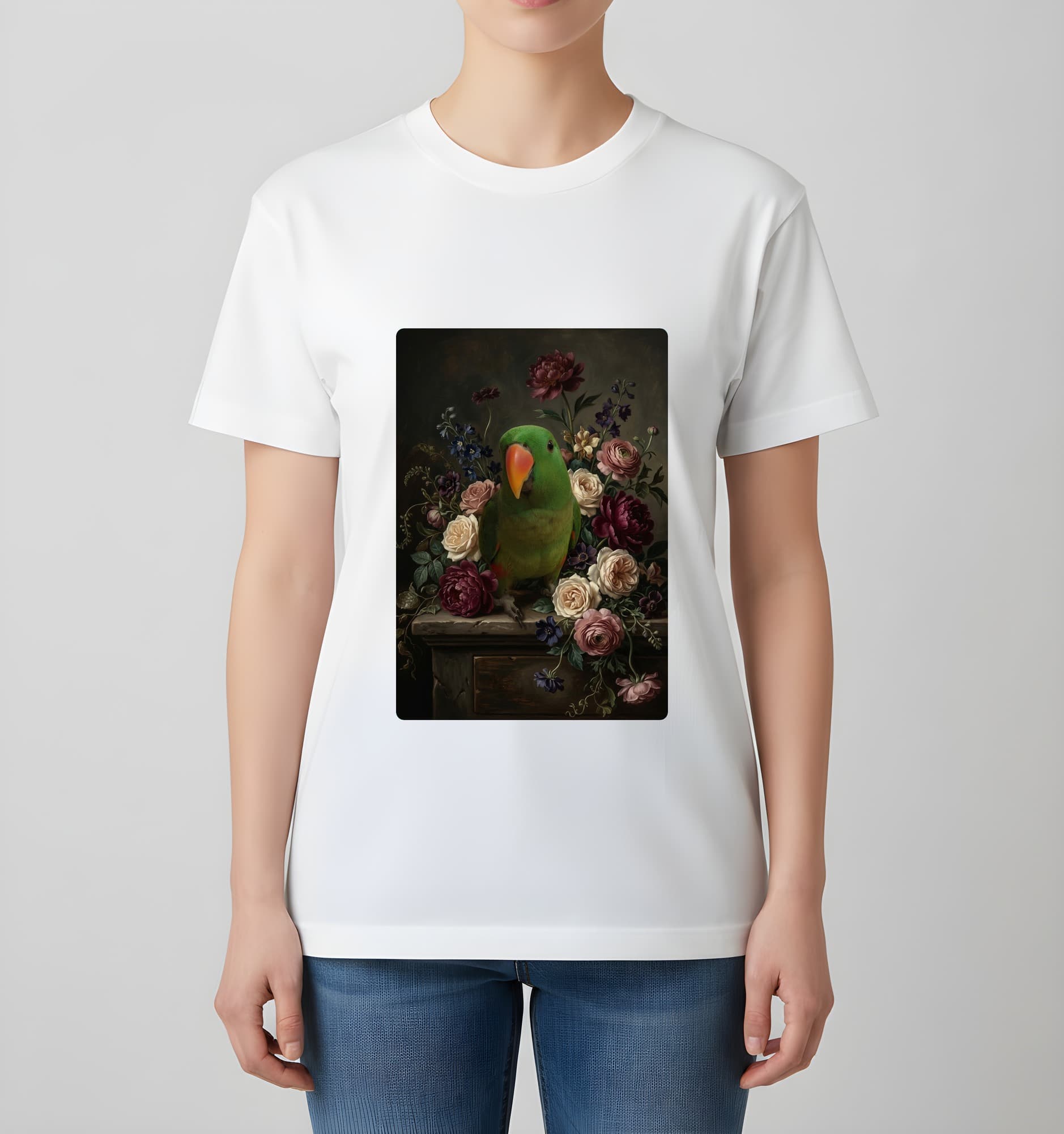 Eclectus Parrot Floral Oil-Painting Floral T-Shirt (White) 4
