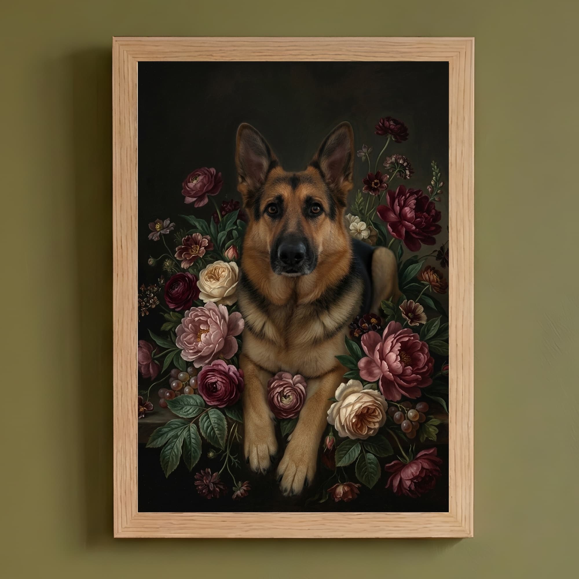 ジャーマンシェパードの花の油絵風アート花柄額装プリント(A4サイズ)