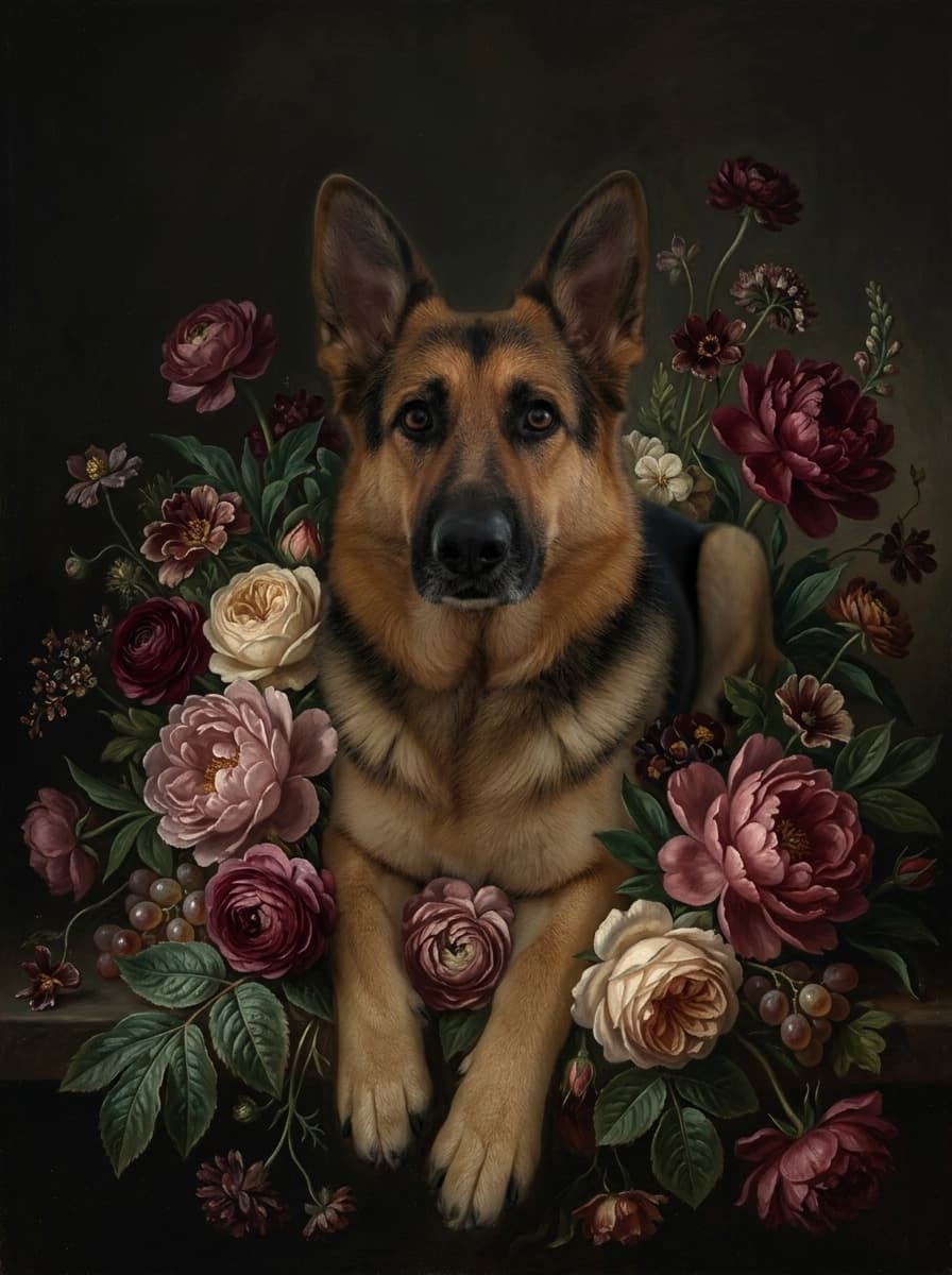 ジャーマンシェパードの花の油絵風アート花柄額装プリント(A3サイズ) 4