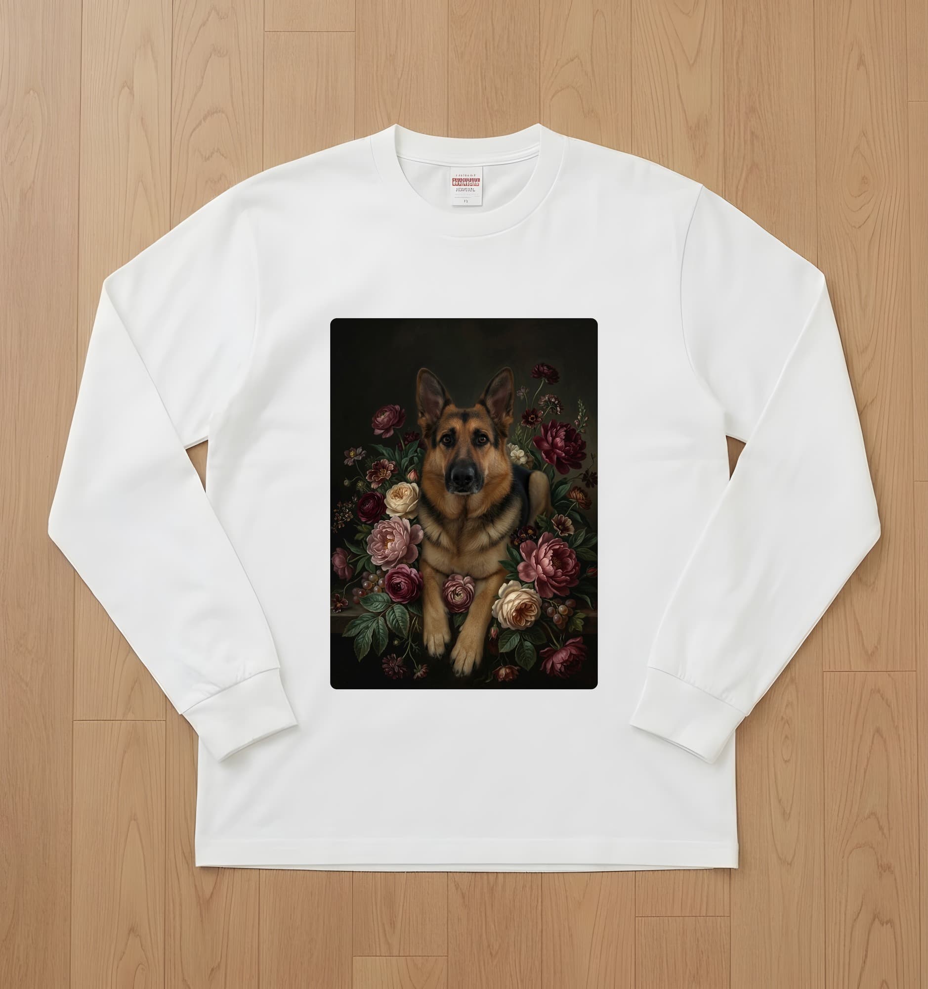 German shepherd Floral Oil-Painting Floral Long Sleeve T-Shirt (White)