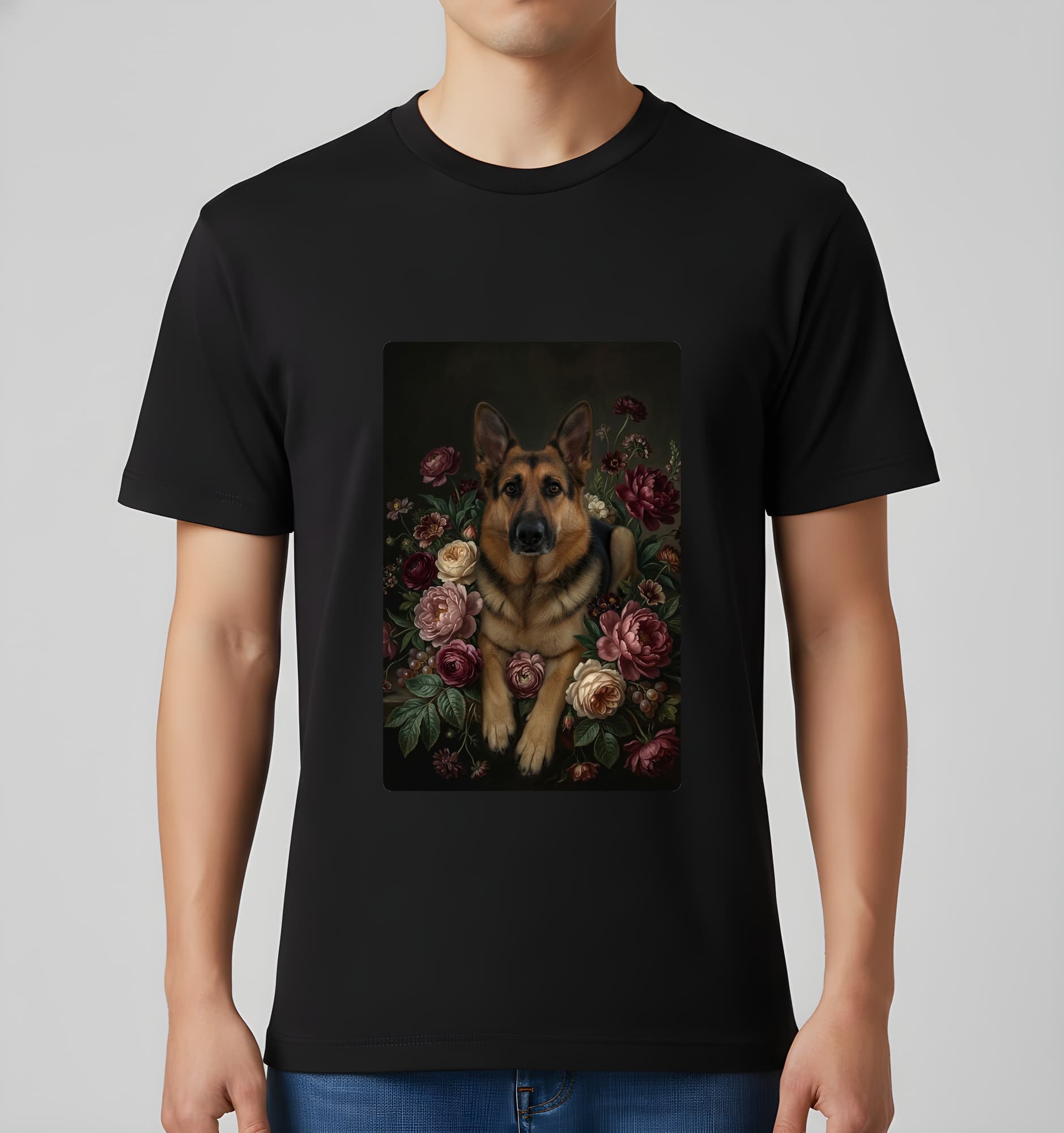 ジャーマンシェパードの花の油絵風アート花柄Tシャツ(ホワイト) 3