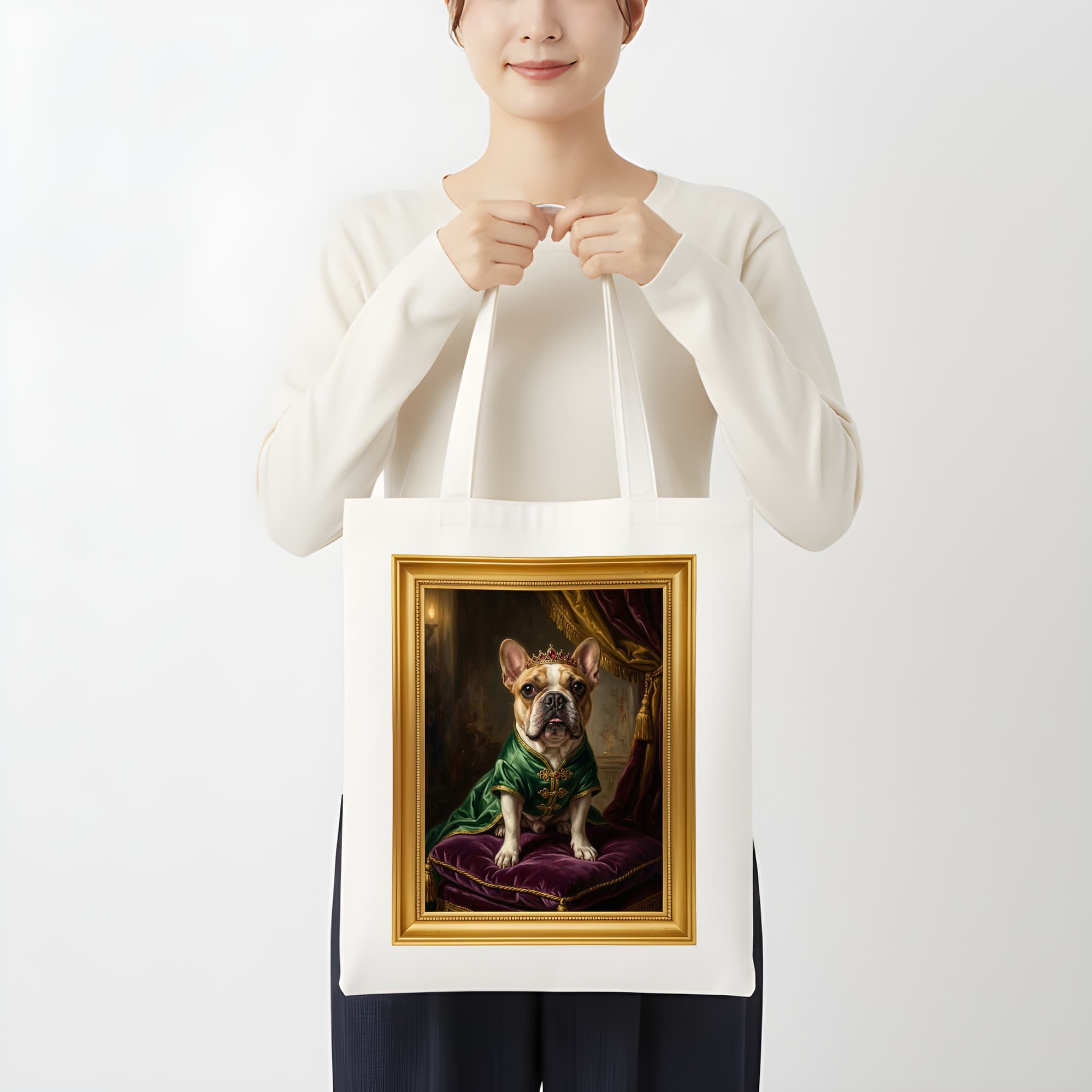 フレンチブルドッグのルネサンス肖像画トートバッグ(カラープリント・額縁デザインあり) 3