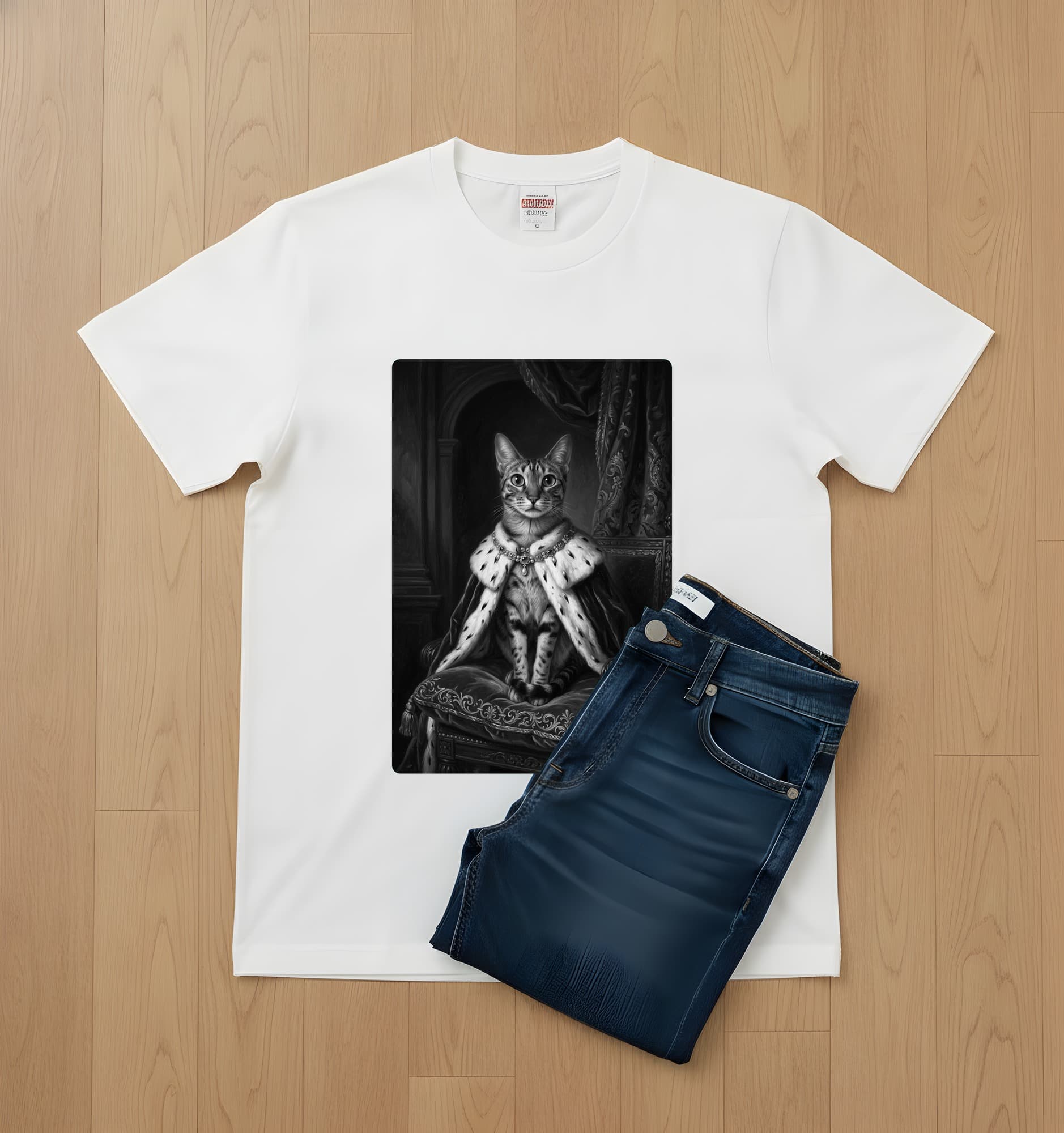 Egyptian Mau Renaissance Portrait T-Shirt (White, Monochrome Print, No Frame) 2