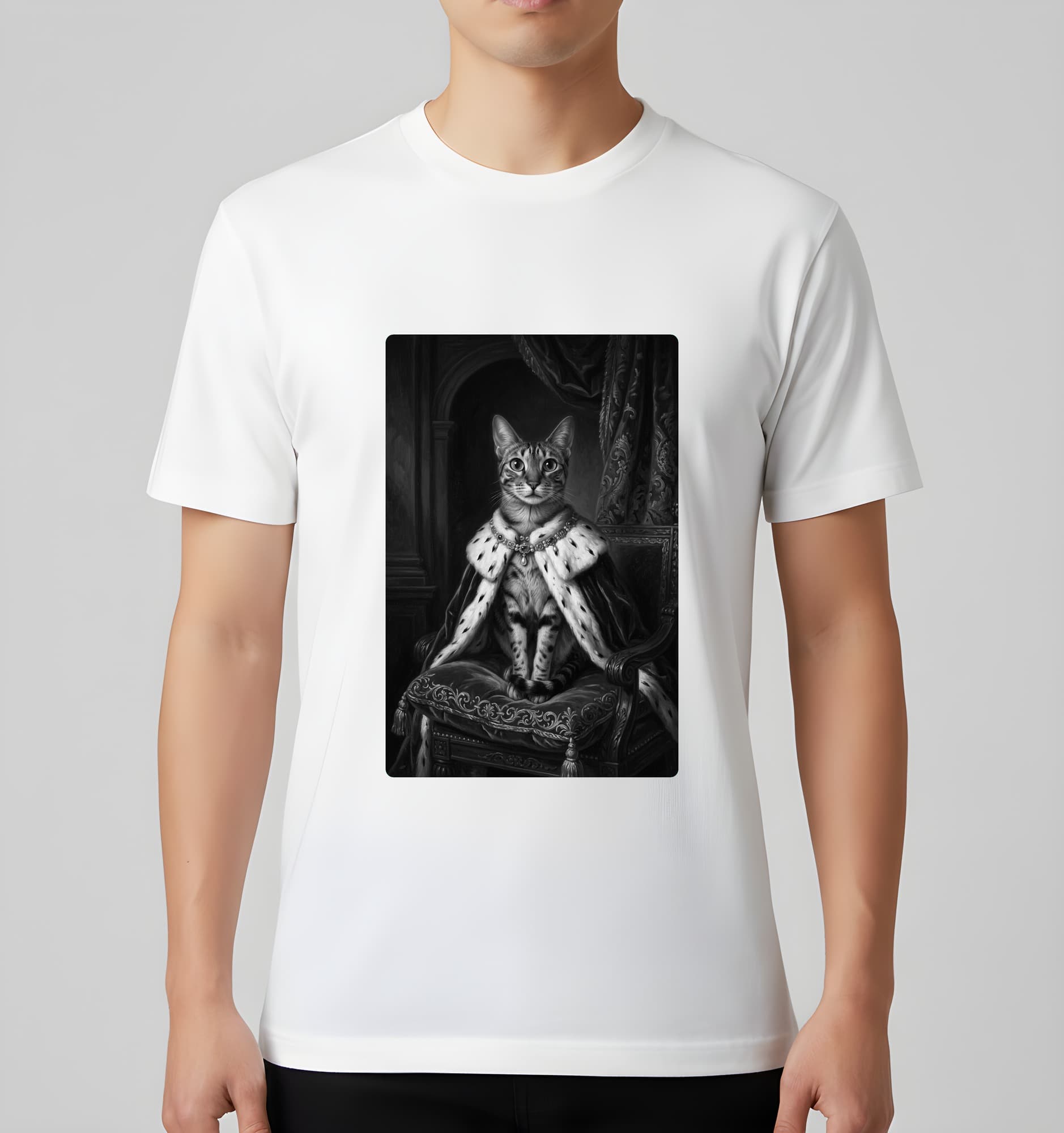 Egyptian Mau Renaissance Portrait T-Shirt (White, Monochrome Print, No Frame) 3