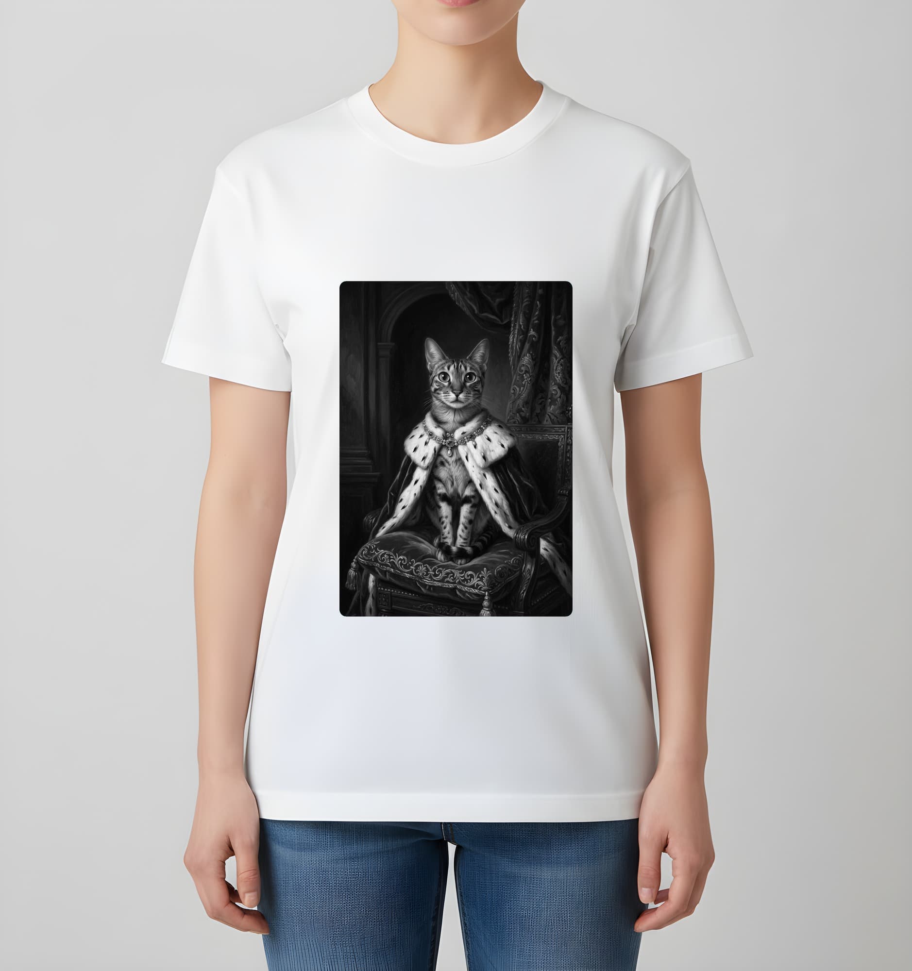 Egyptian Mau Renaissance Portrait T-Shirt (White, Monochrome Print, No Frame) 4