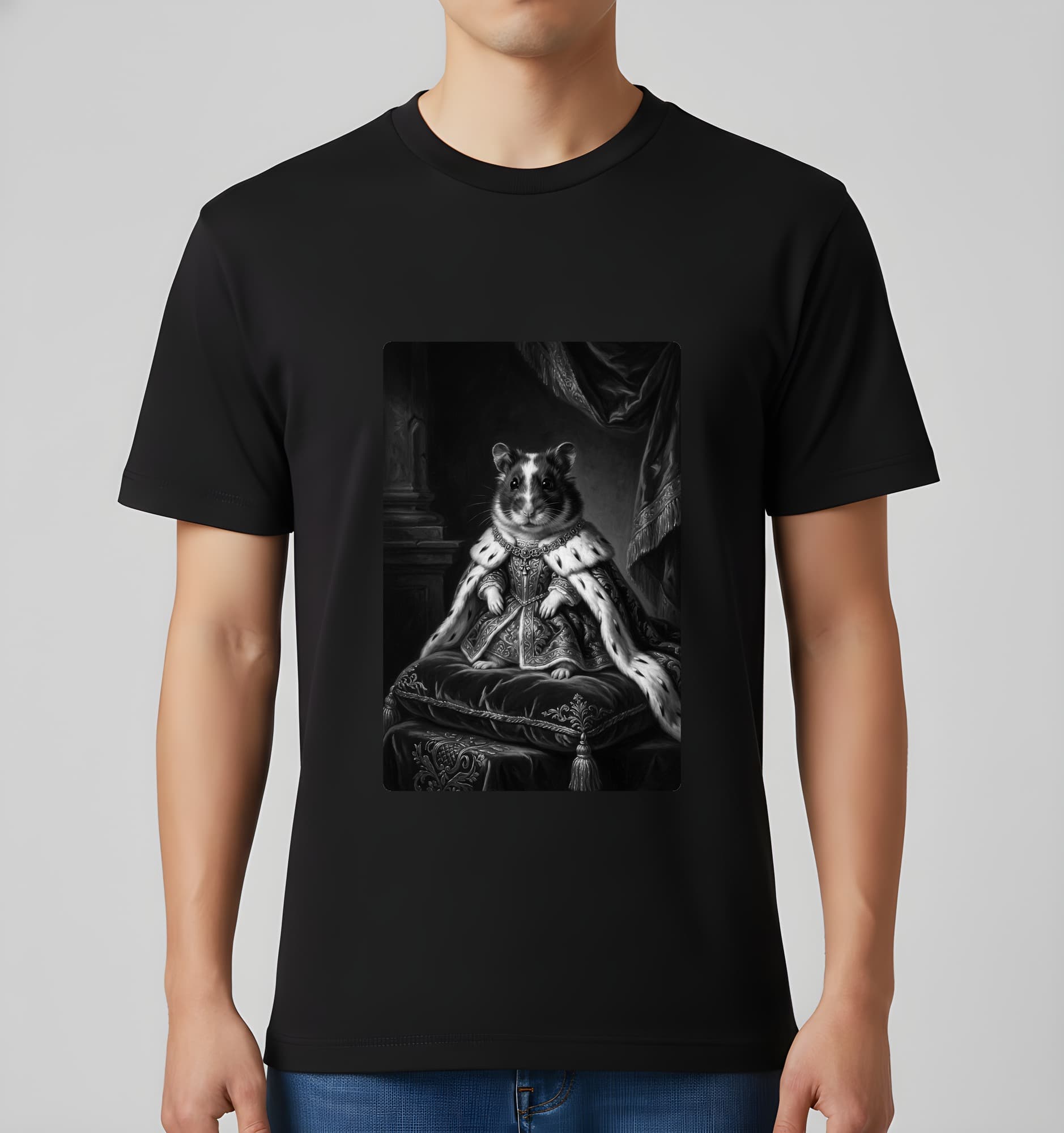 パンダハムスターのルネサンス肖像画Tシャツ(ブラック・モノクロプリント・額縁なし) 3