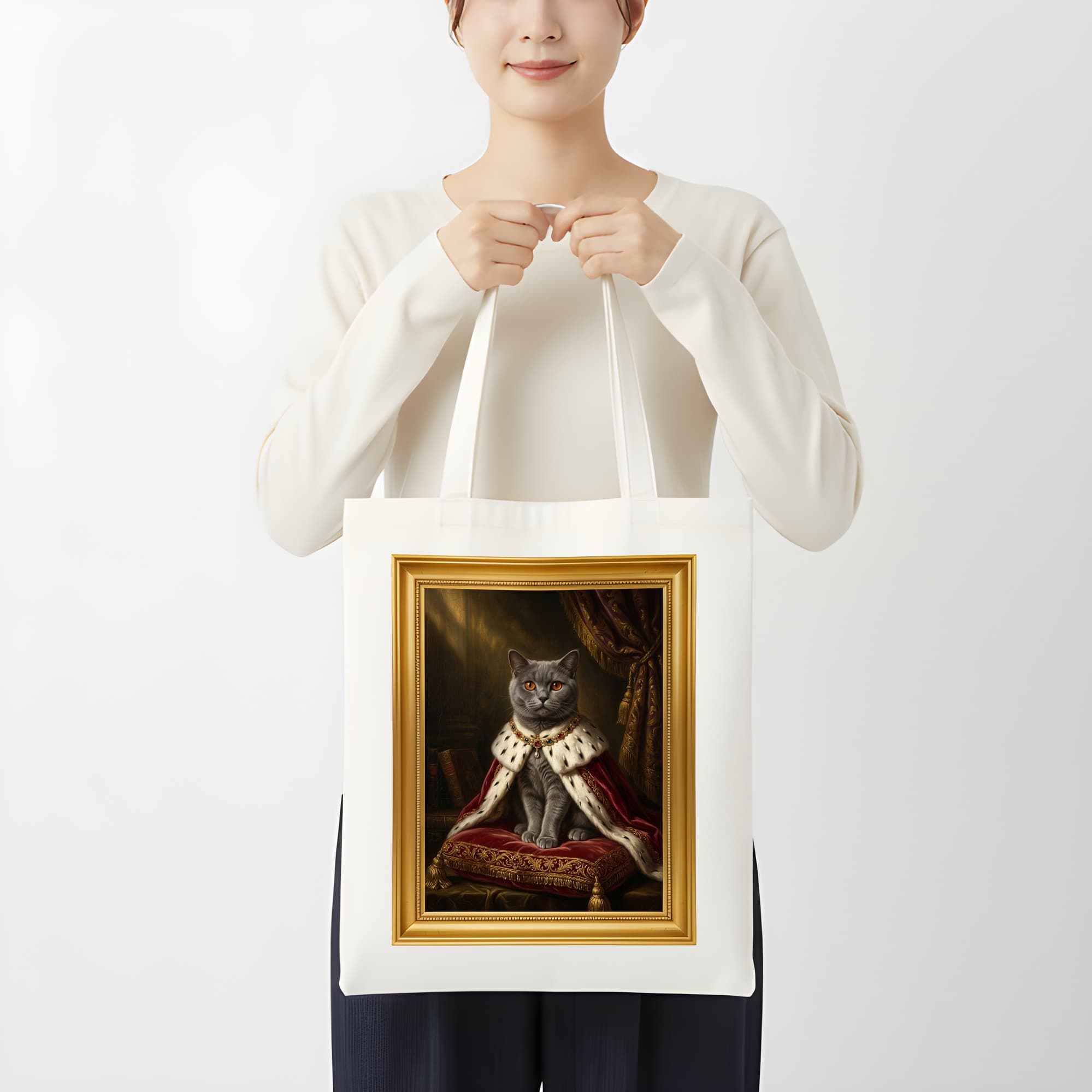 ブリティッシュショートヘアのルネサンス肖像画トートバッグ(カラープリント・額縁デザインあり) 3