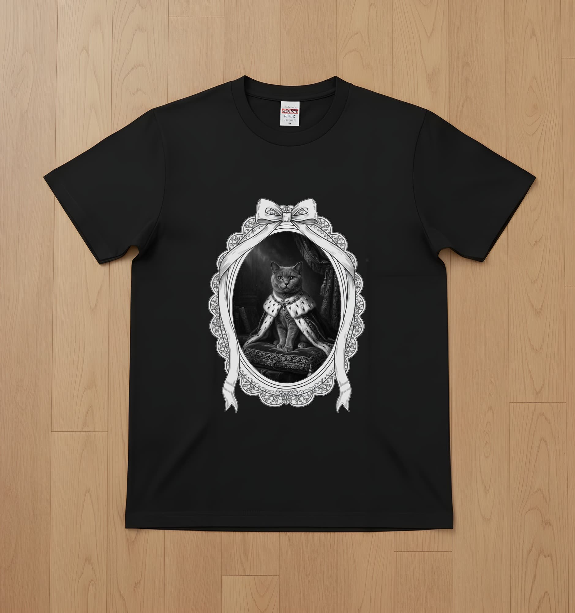 British Shorthair Renaissance Portrait T-Shirt (Black, Monochrome Print, Framed Design)