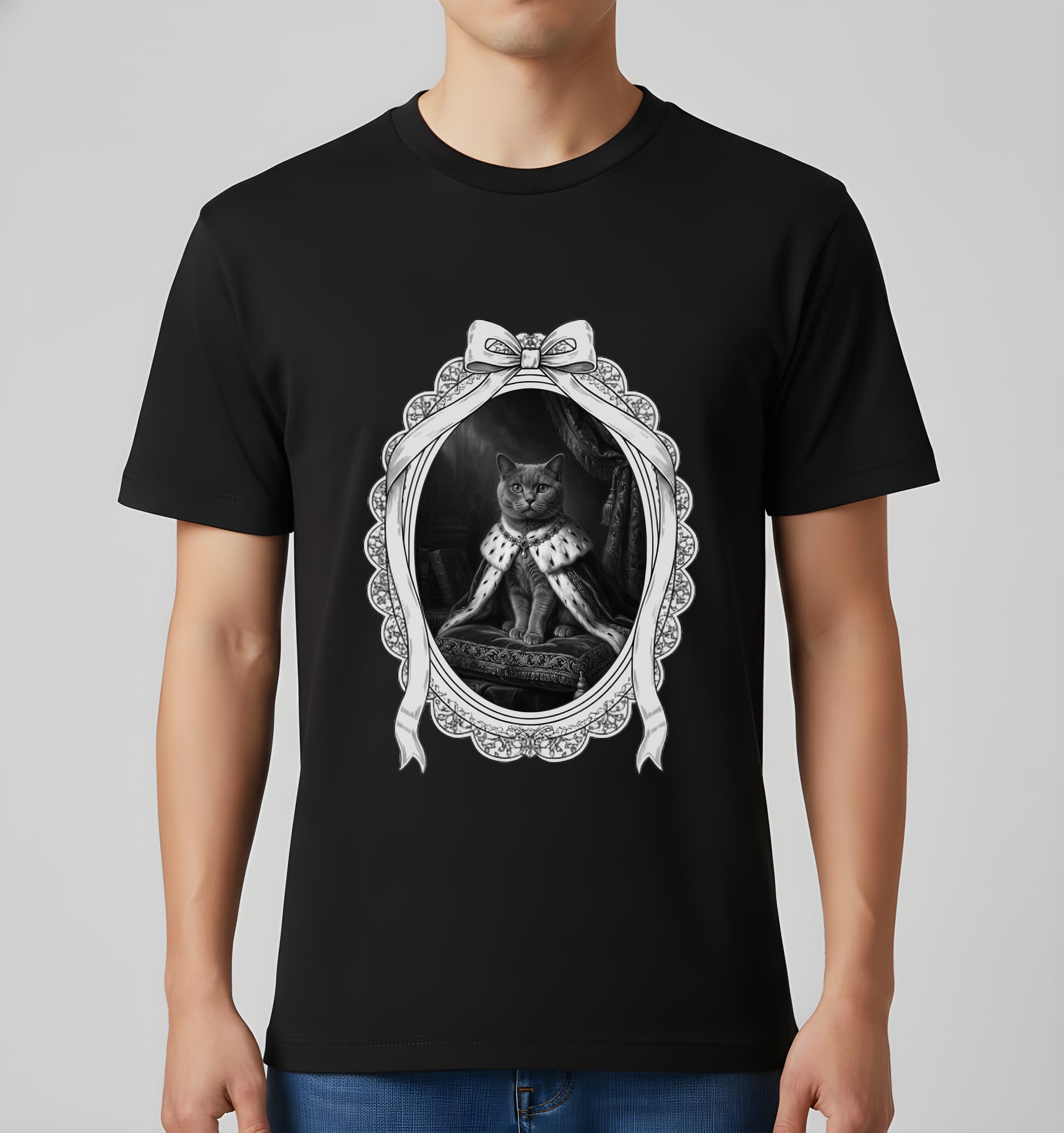 British Shorthair Renaissance Portrait T-Shirt (Black, Monochrome Print, Framed Design) 2