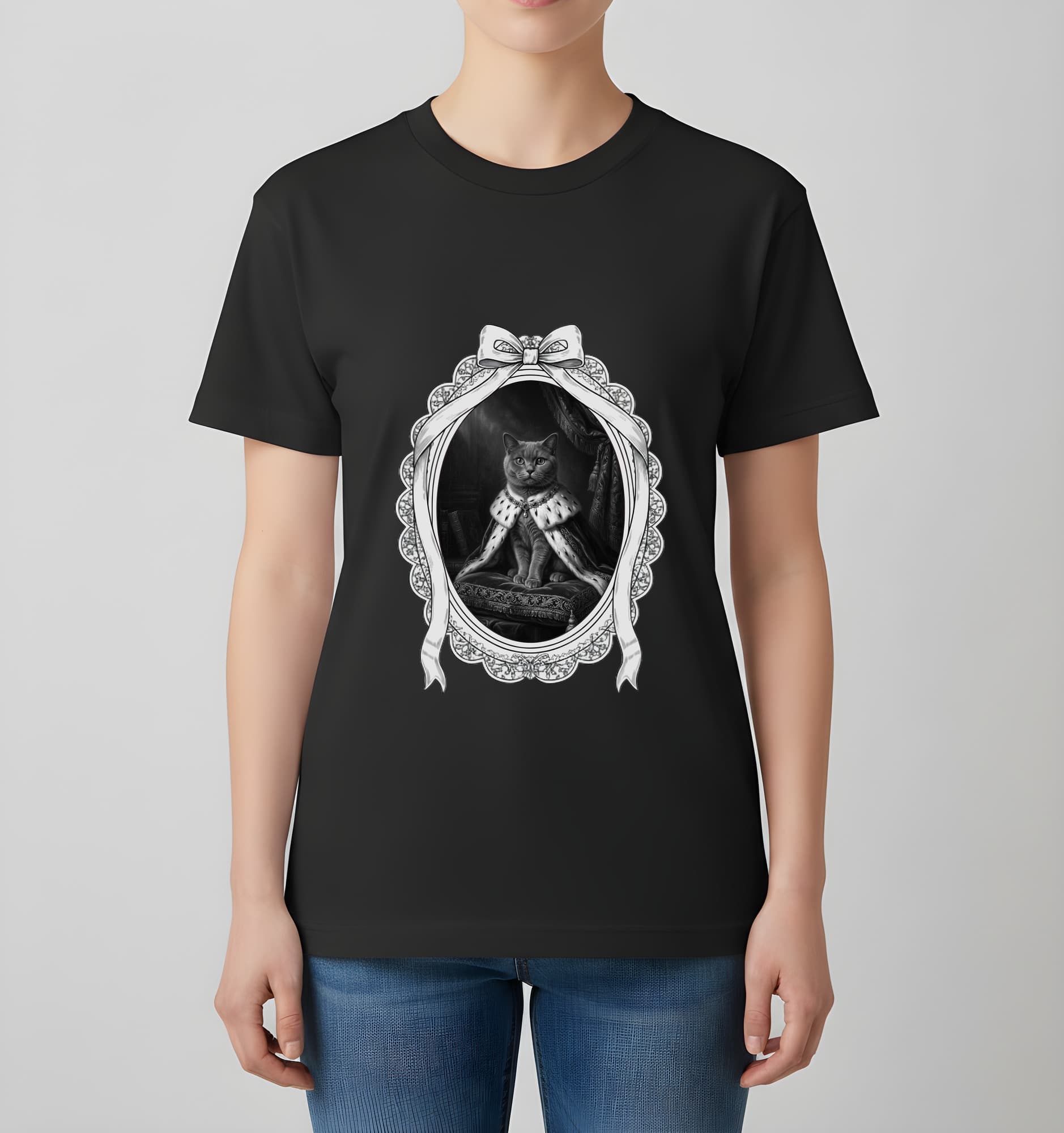 British Shorthair Renaissance Portrait T-Shirt (Black, Monochrome Print, Framed Design) 4