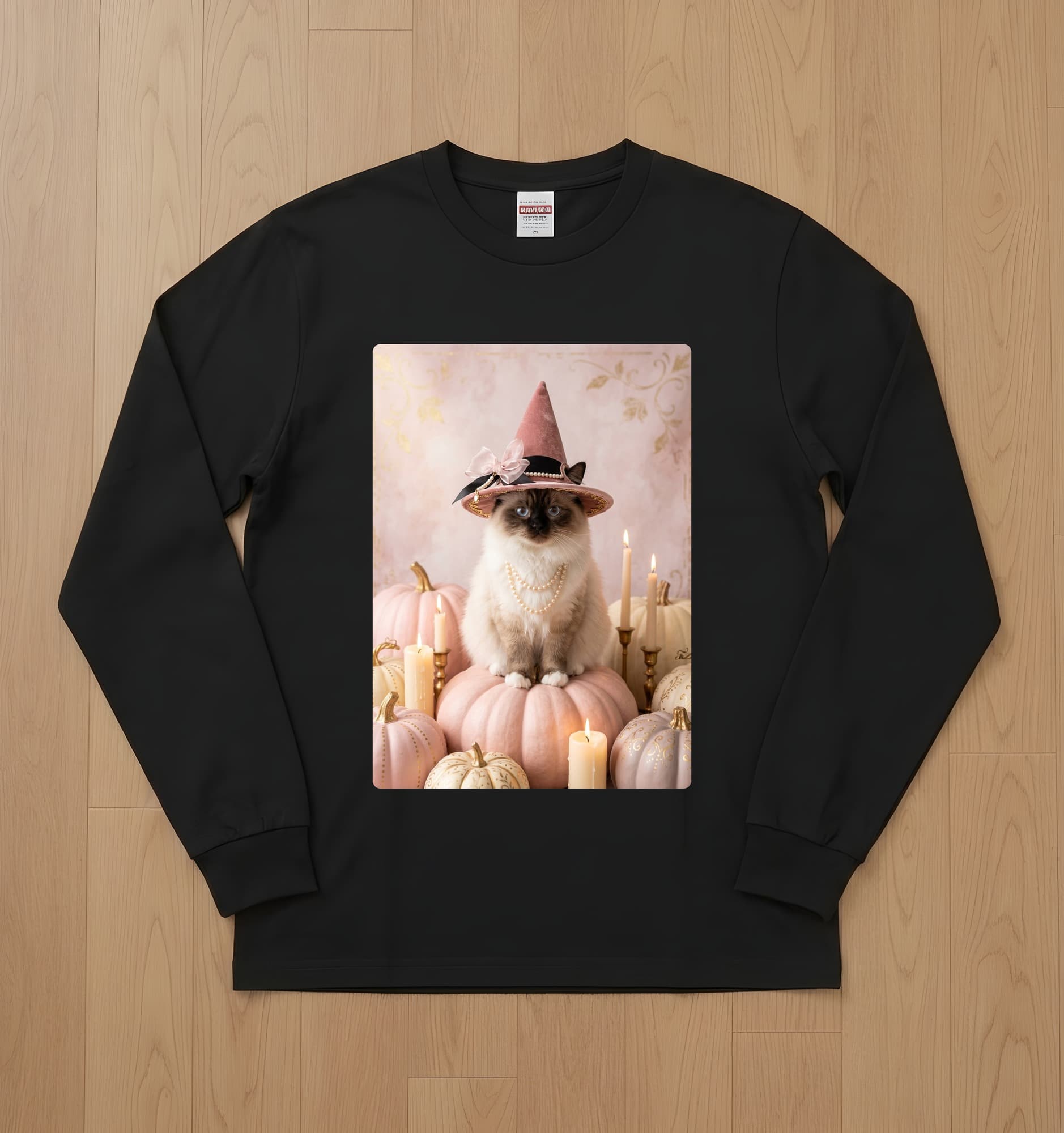 ヒマラヤンのかぼちゃとキャンドルの油絵風アートハロウィン長袖Tシャツ(ブラック)